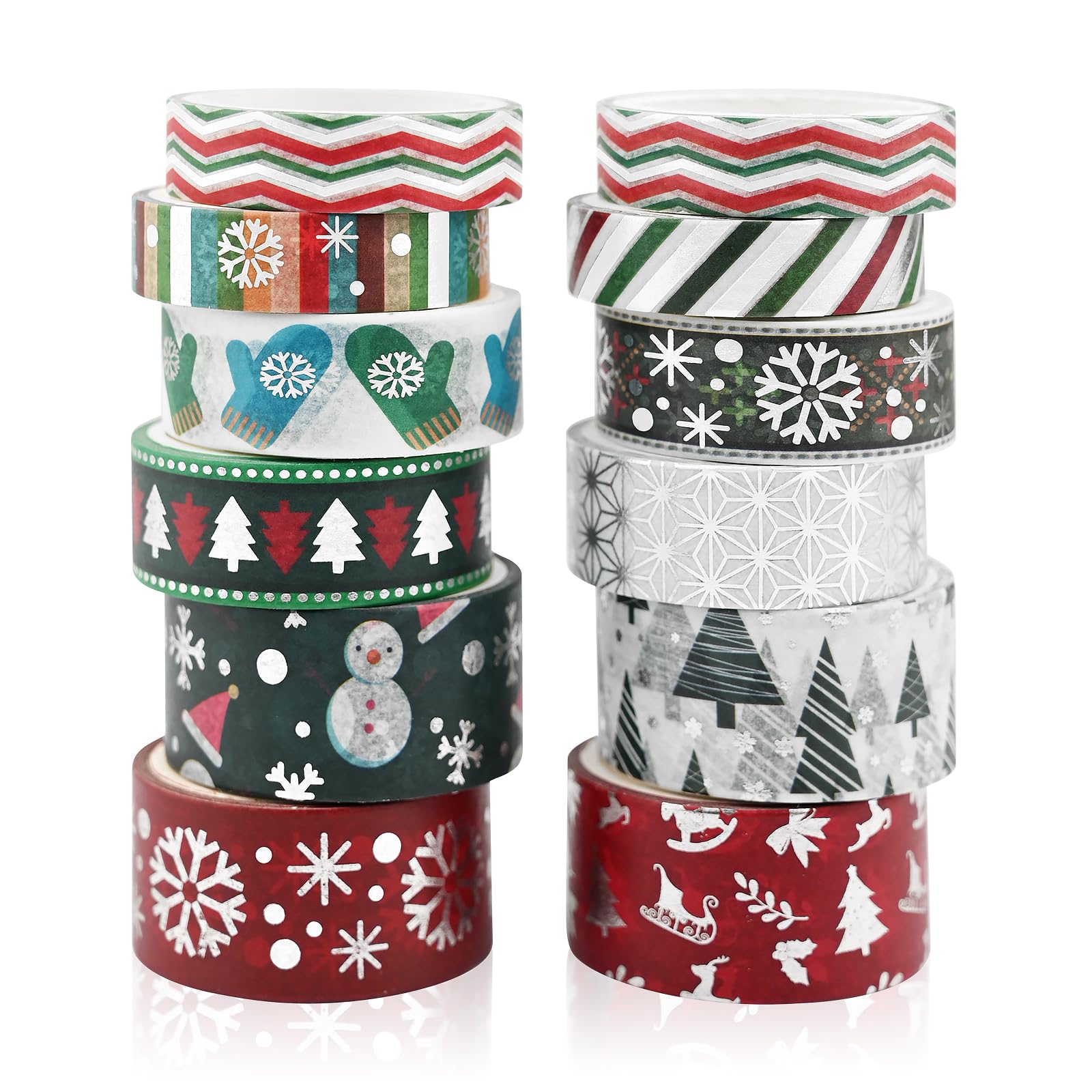 Jodsen 12 Rouleaux Ruban Washi de Noël Multi-Motif Rubans de Décorative Masking Snowman Adhesive Decorative Tape Holiday Tapes Pastel Scrapbook