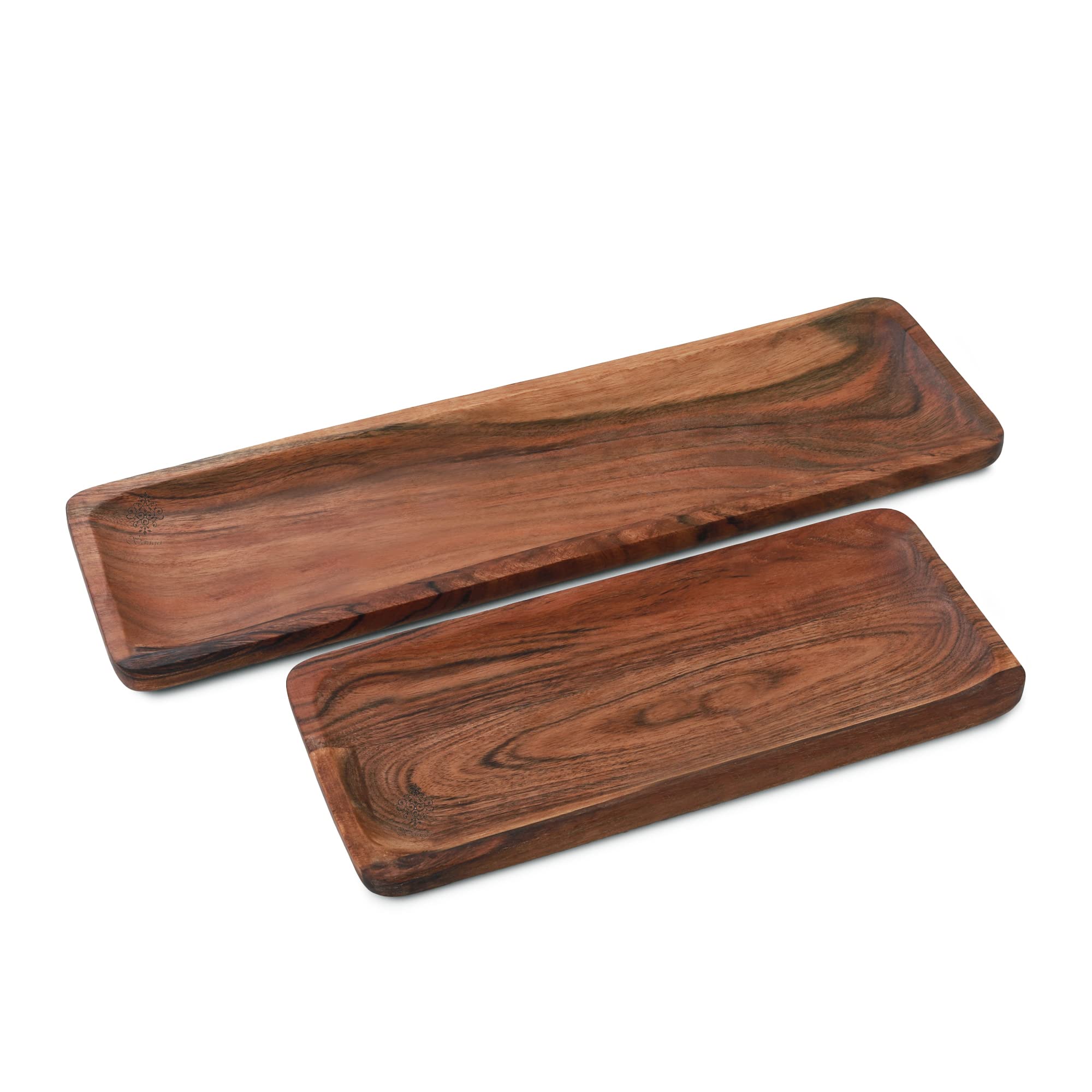 SAAGA Acacia Solid Wood Rectangular Serving Platter Set | 2 Pcs (17x5 & 12x5 Inch) Multipurpose Trays for Snacks, Fruits & Desserts – Brown