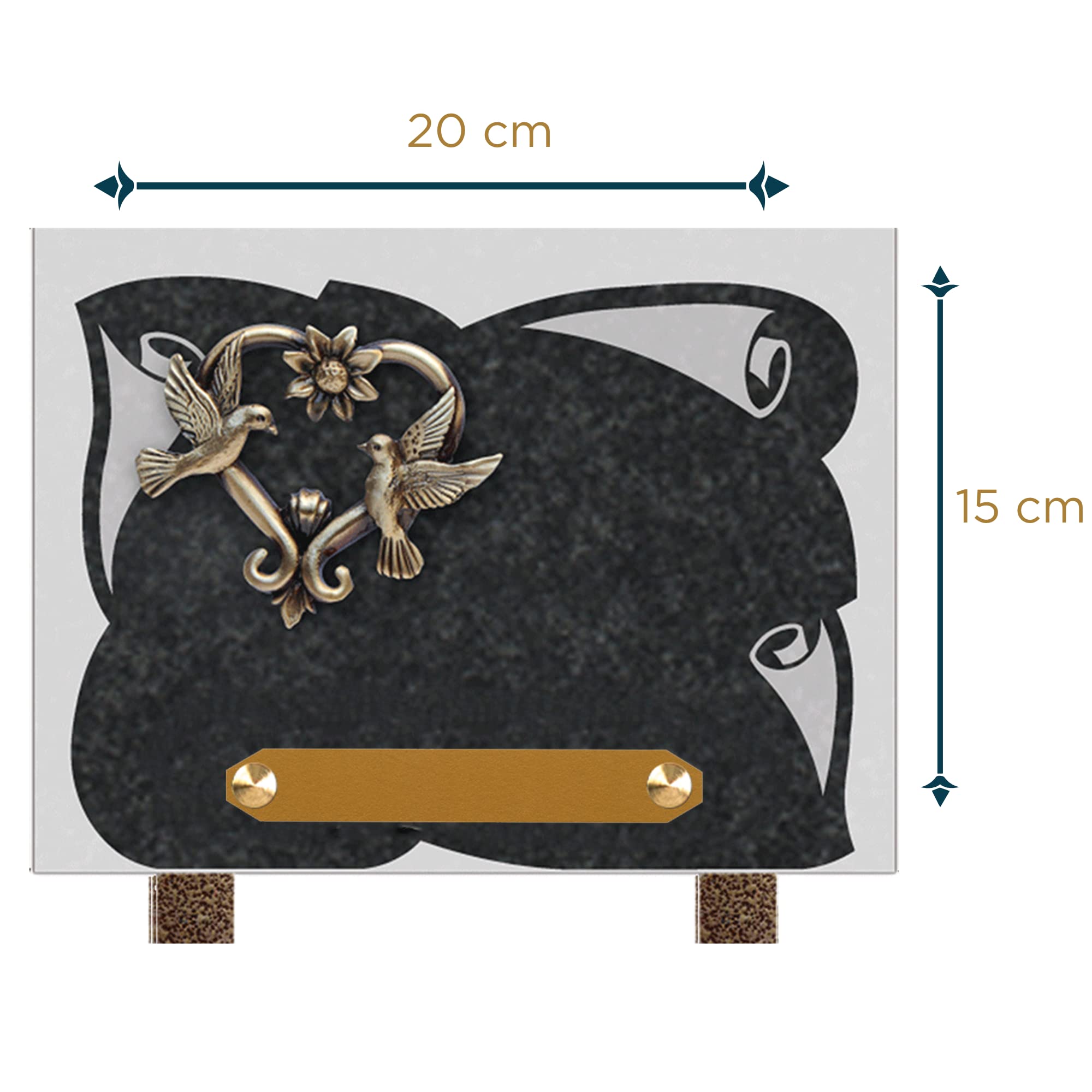 Plaque Funéraire En Granit Impala Avec Bronze Cœur Et Colombes - Personnalisable - 15x20 Cm - Fabriquée En France - 10