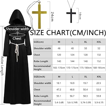 Monk's Costume Priest Costume for Men Robe Medieval Monk Coat Halloween Carnival Fancy Dress Costume with Hood and Rope Belt