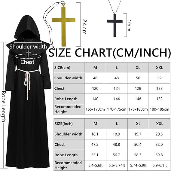Monk's Costume Priest Costume for Men Robe Medieval Monk Coat Halloween Carnival Fancy Dress Costume with Hood and Rope Belt