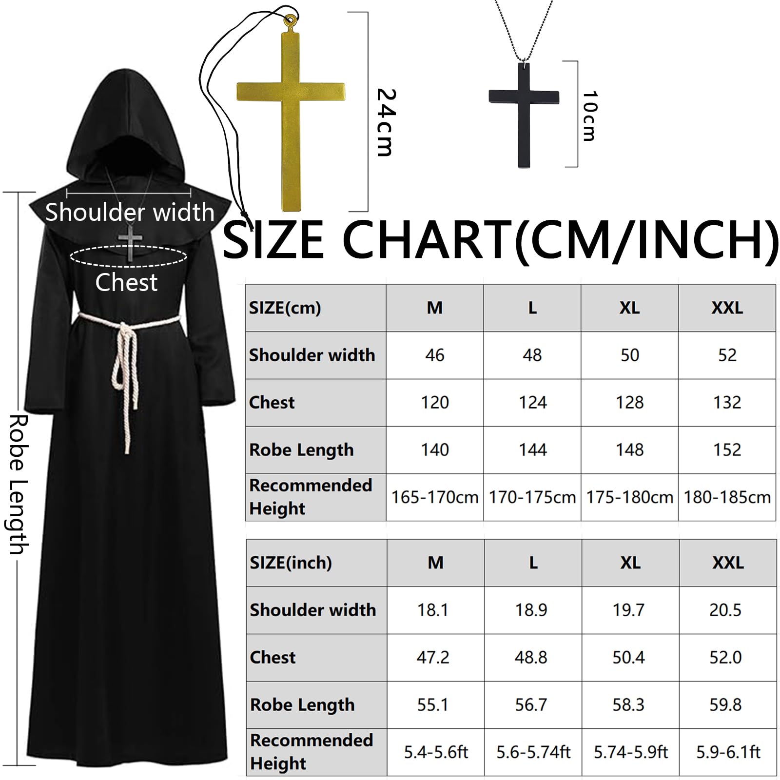 Kostium mnicha, kostium kapłana męski, szata średniowieczna czapka mnicha na Halloween, karnawał, kostium męski z kapturem i paskiem linowym
