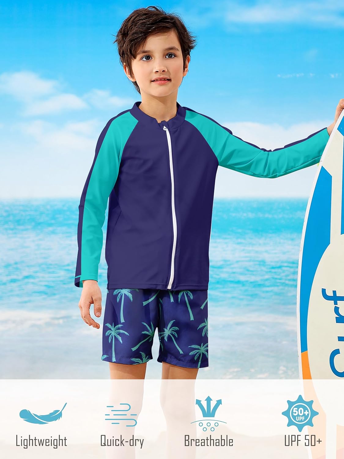 Boys Two Piece Swim Set Zipper Rash Guard Swimsuits Long Sleeve Bathing Suit for 4-12 Years - Image 5