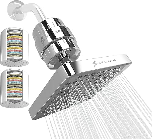 SparkPod Juego de cabezal de ducha filtrado de lujo de 23 etapas con 1 filtro adicional, elimina el cloro y los metales pesados, filtro de regadera