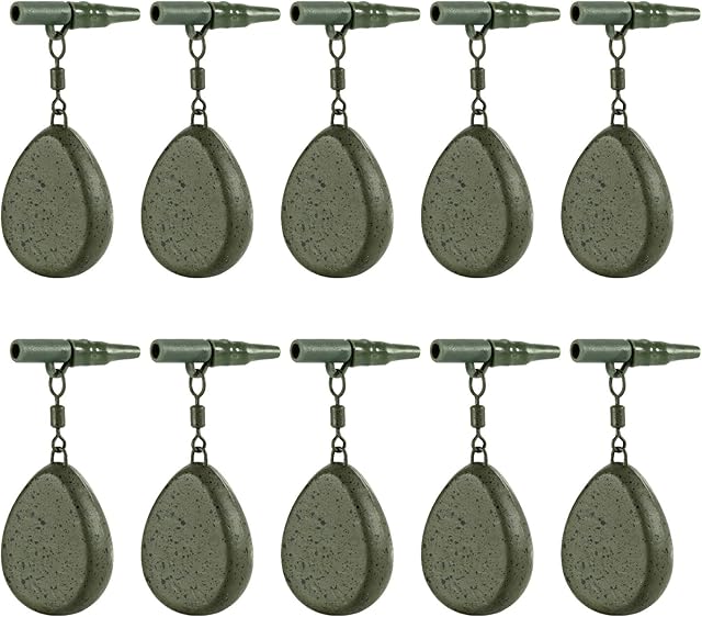 Alwonder 10 Set Carp fishing Weights Flat Pear with Swivel Angling Casting Ledger Weights Fishing Tackle Safety Clips Tail Rubber Tubes