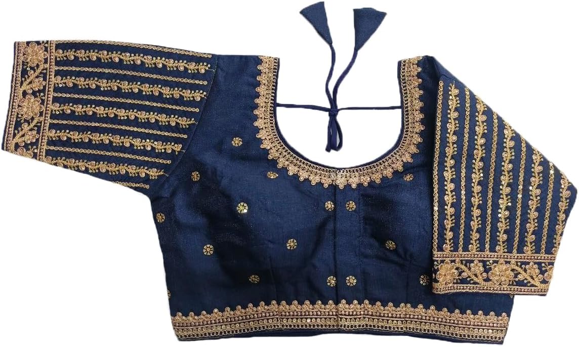 Pujia Mills Women's Readymade Blouse Embroidery Multi Coding Gold Thread Indian Ethnic Designer Stitched Readymade Saree Half Sleeve Blouse for Women for Saree Lehenga Choli
