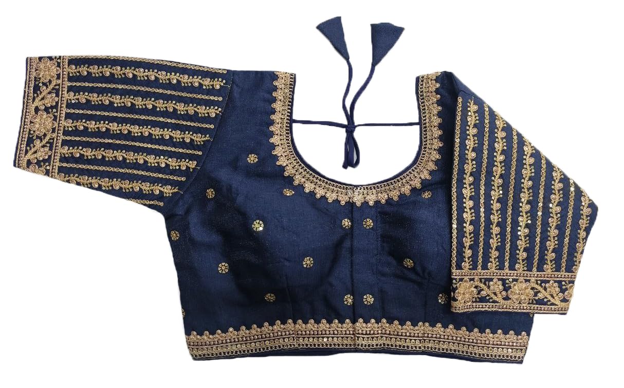Pujia MillsWomen's Readymade Blouse Embroidery Multi Coding Gold Thread Indian Ethnic Designer Stitched Readymade Saree Half Sleeve Blouse for Women for Saree Lehenga Choli