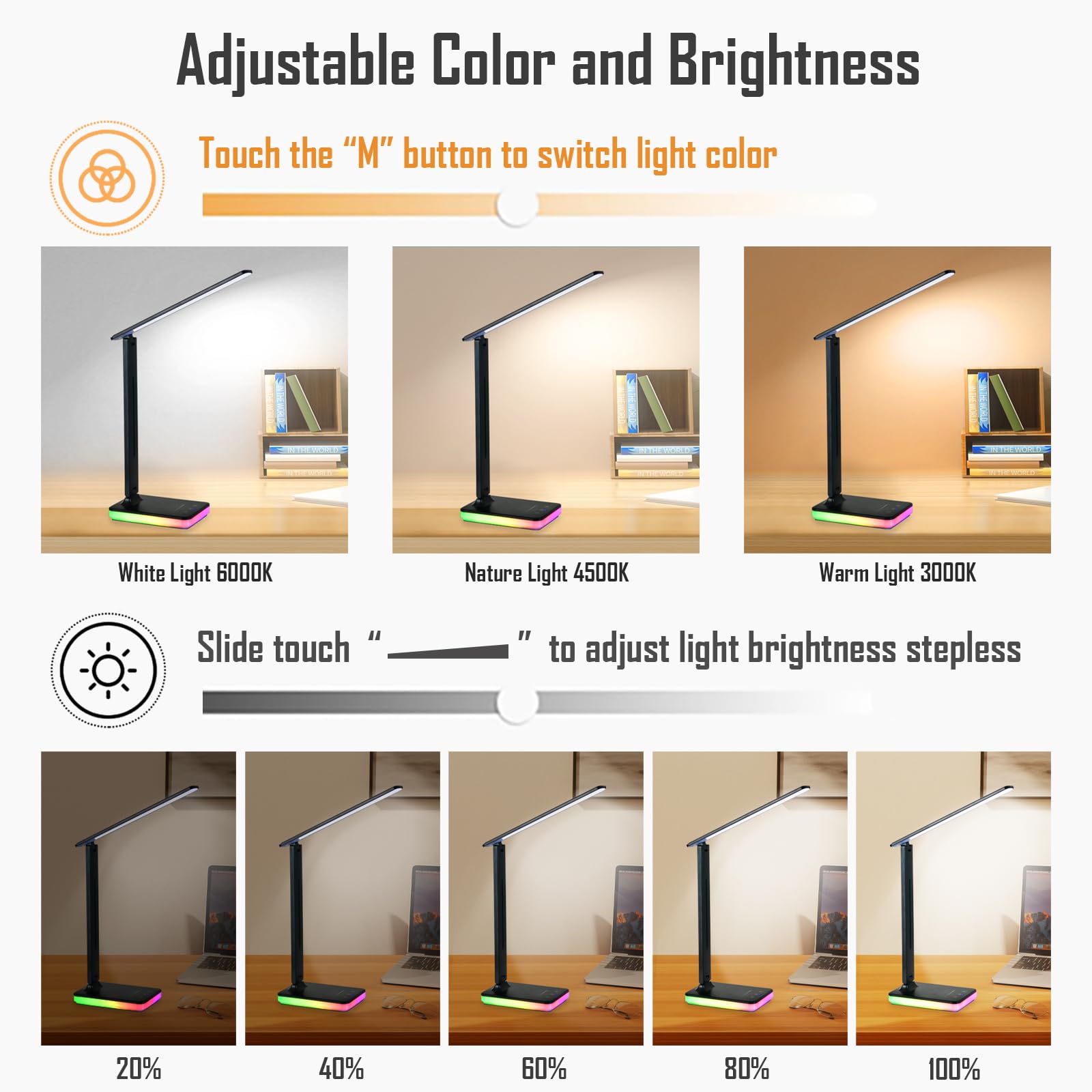 LED-Schreibtischlampe mit RGB-Atmosphärenlicht, 5 W USB-Ausgang, 5 Farbtemperatur, stufenlose Anpassung der Helligkeit, Touch-Steuerung, faltbare Tischleuchte mit Adapter (schwarz)