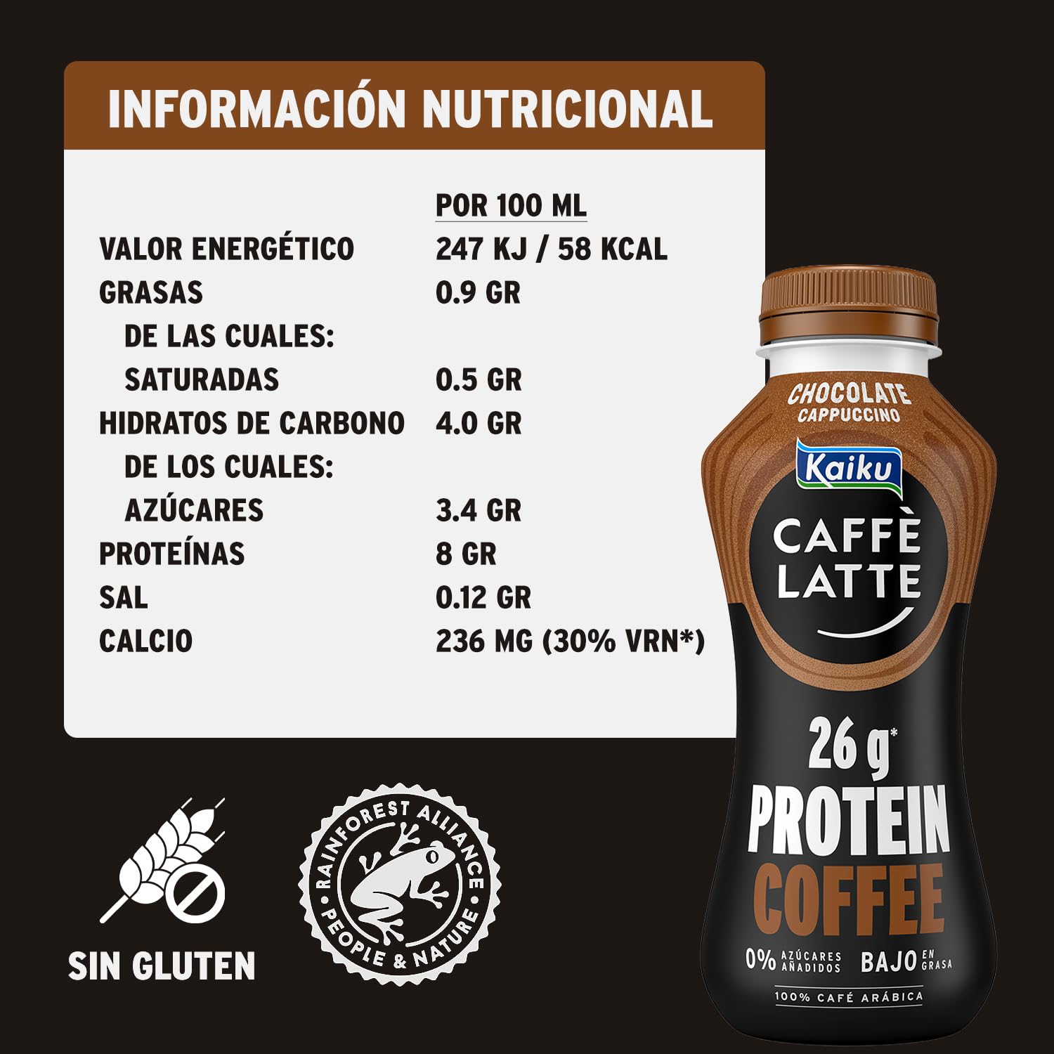 KAIKU CAFFÈ LATTE - Protein Coffee Chocolate Cappuccino 330 ml, Café Frío, Listo para Tomar, 26 g de Proteína por Ración, Café Arábiga, sin Azúcares Añadidos, Bajo en Grasa, sin Gluten y con Lactosa