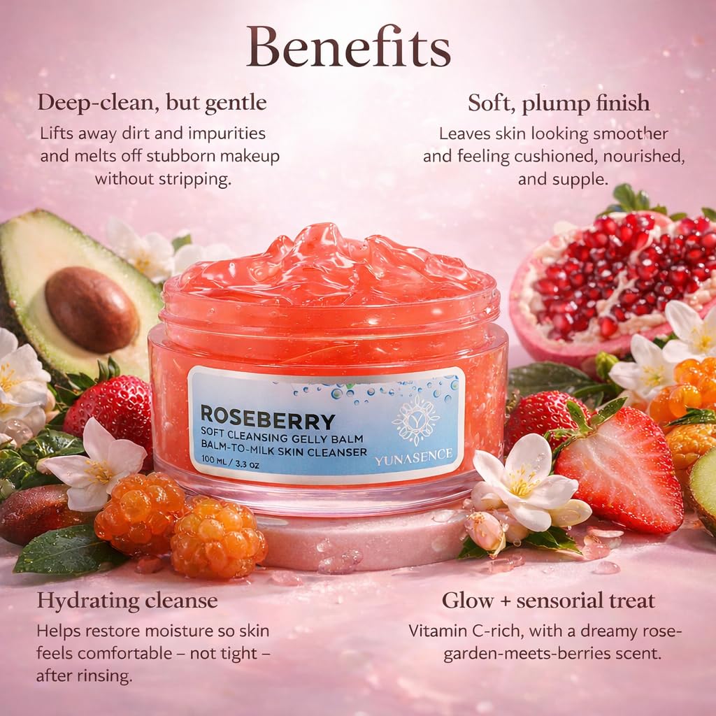 YUNASENCE ROSEBERRY Soft Cleansing Gelly Balm, Phytoaromatic Balm-to-Milk Skin Cleanser 3oz, best for dry and sensitive skin.