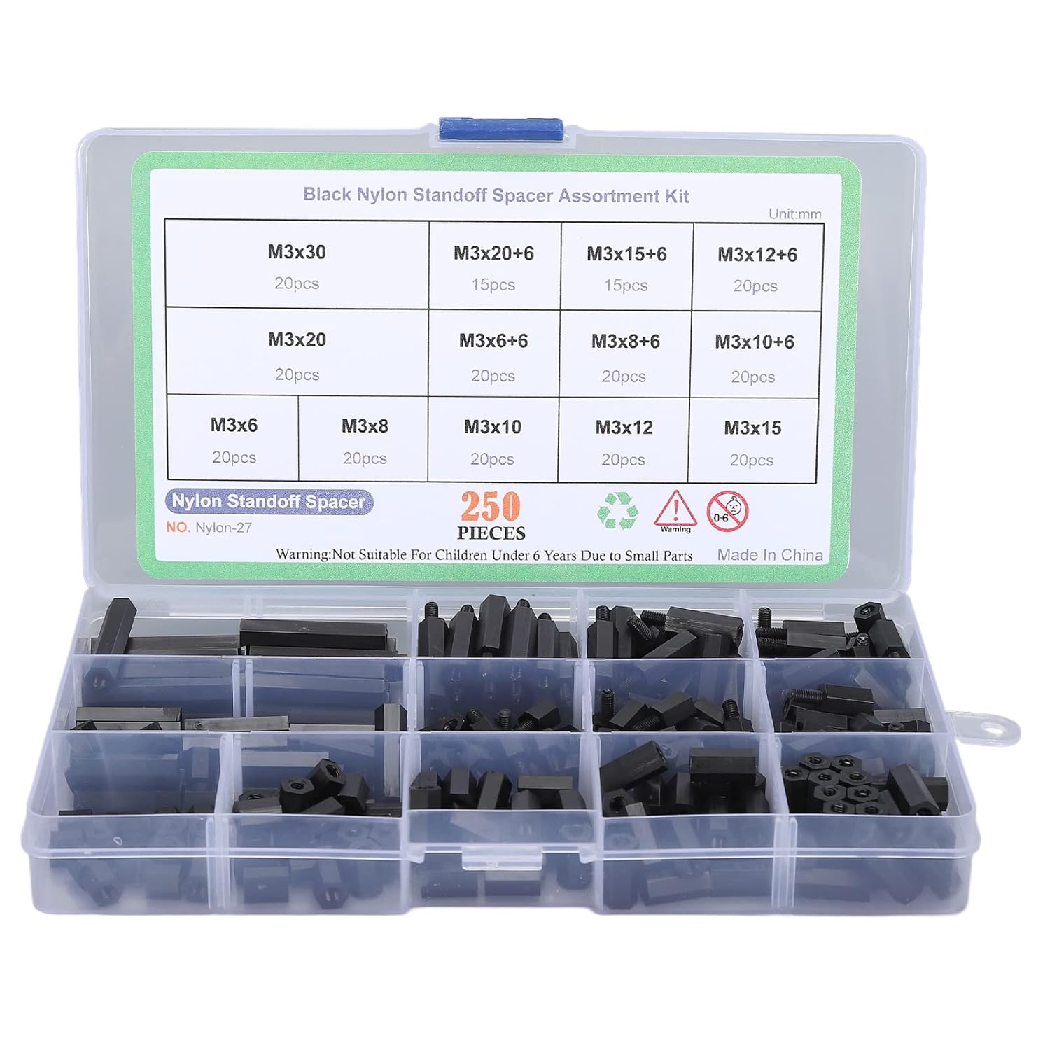 250PCS M3 Nylon Hex Spacer Standoffs Screws Nuts, Motherboard Standoffs and Screws Assortment Kit for Circuit Board PCB Motherboard