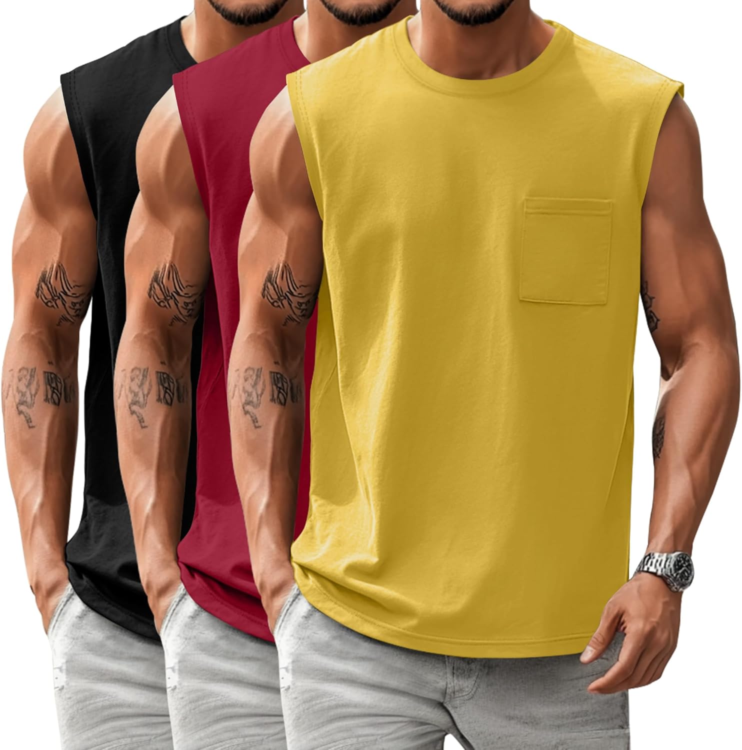 Huukeay 3 Pack Cotton Men's Big and Tall Sleeveless Tank Tops Muscle Shirts Gym Workout Casual Tees with Pocket