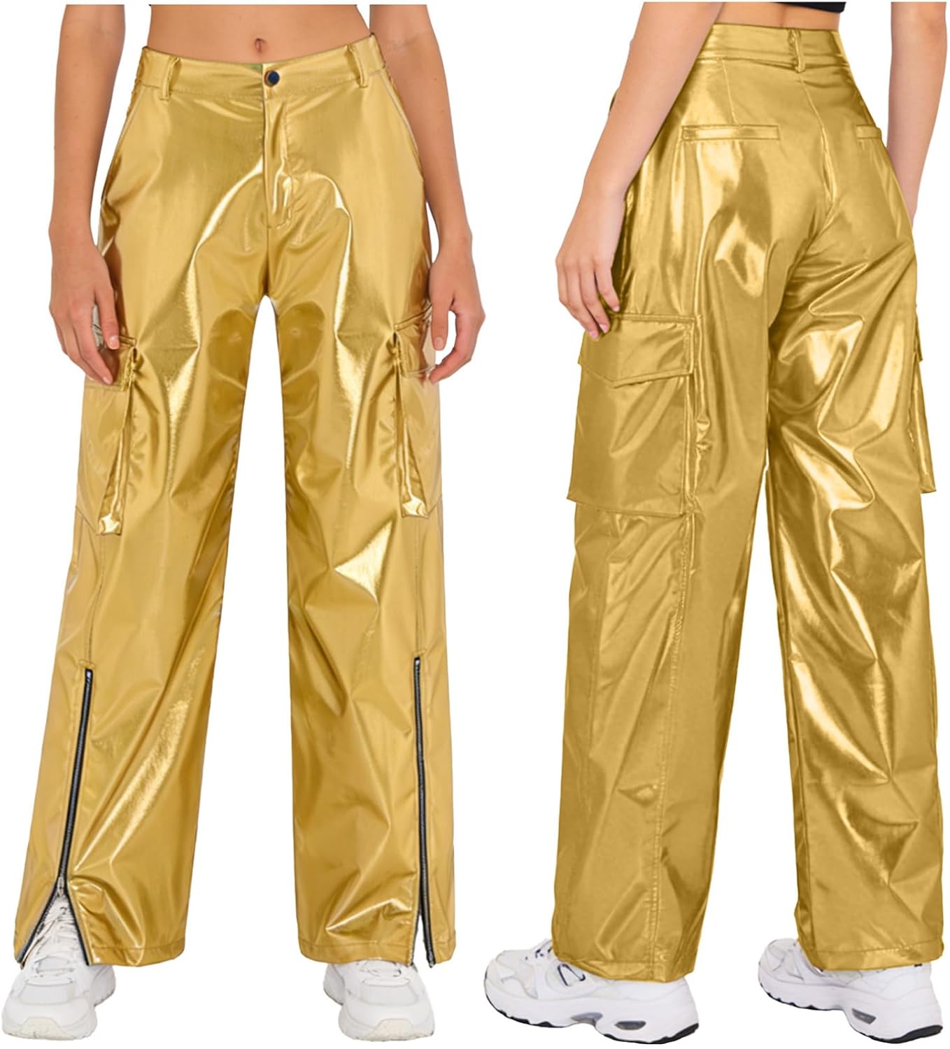 iiniim Women's Metallic Shiny Cargo Wide Leg Pants Festival Disco Party Fancy Dress Costume