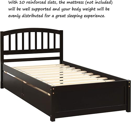 Miniatura 44 de P PURLOVE Cama de plataforma de tamaño individual con cabecero, marco de cama de madera con cama nido (blanco) White Frame,expreso (Espresso