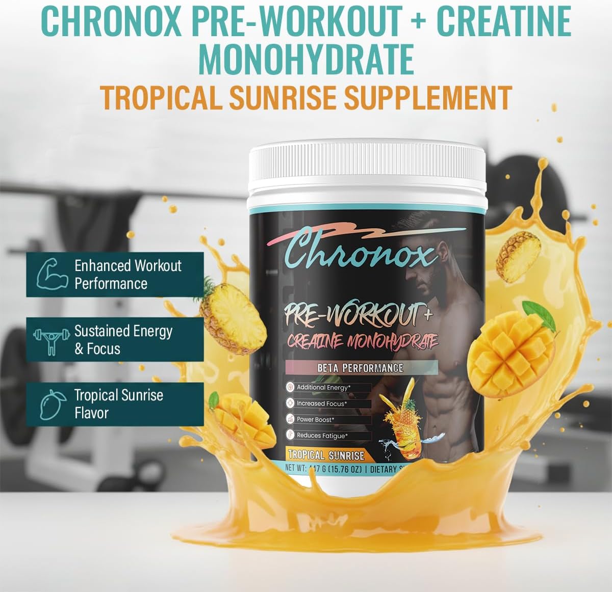 Creatine Monohydrate Powder with Tropical Sunrise Flavor - Premium Pre-Workout for Men & Women to Boost Energy & Stamina - Mass Gainer supplement for Strength, Focus, Recovery & Active Training