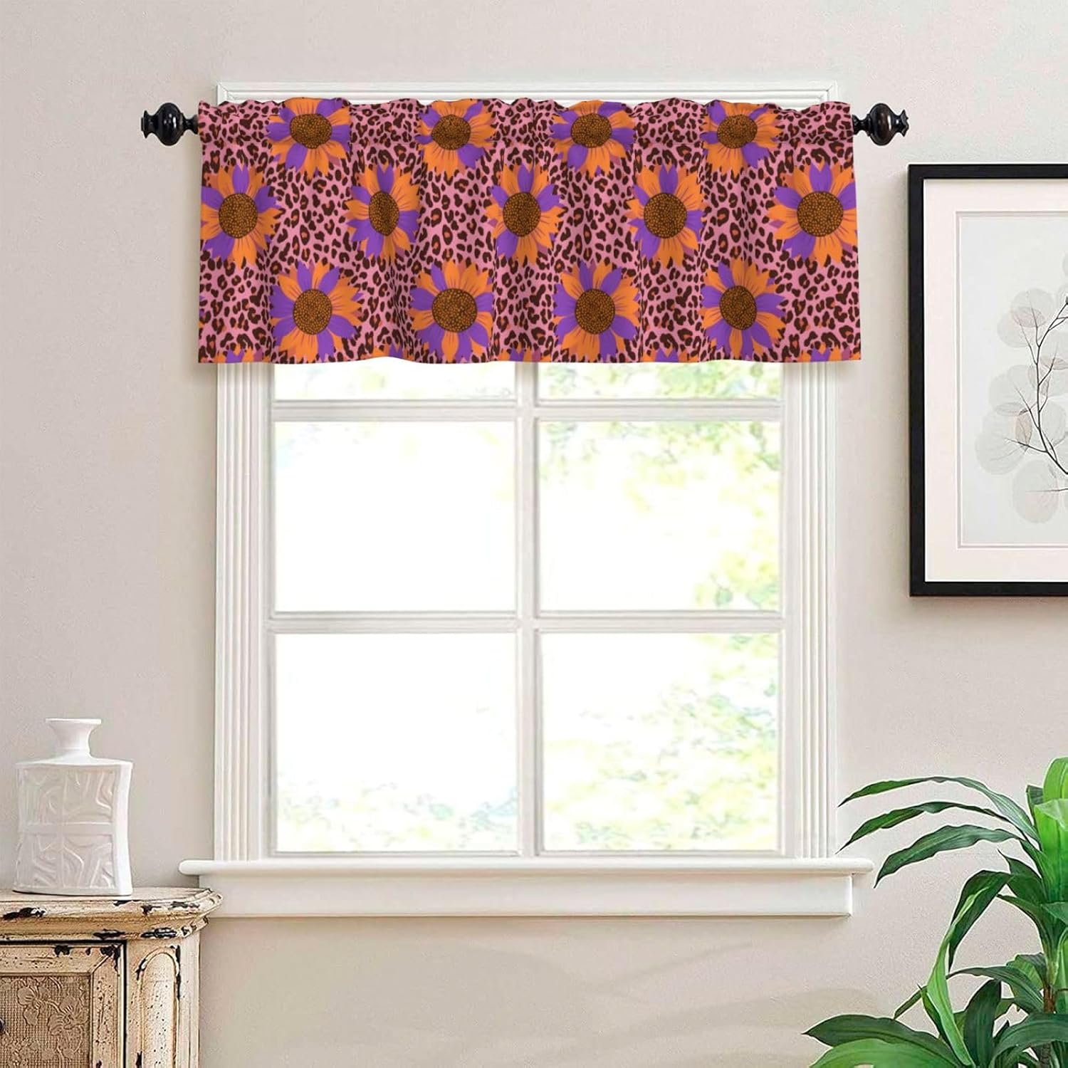Valance for Windows Purple Orange Sunflower Leopard Print Decorative Rod Pocket Kitchen Curtain Valances Short Window Valance Curtains for Living Room Bedroom Bathroom 1 Panel 54x18Inch