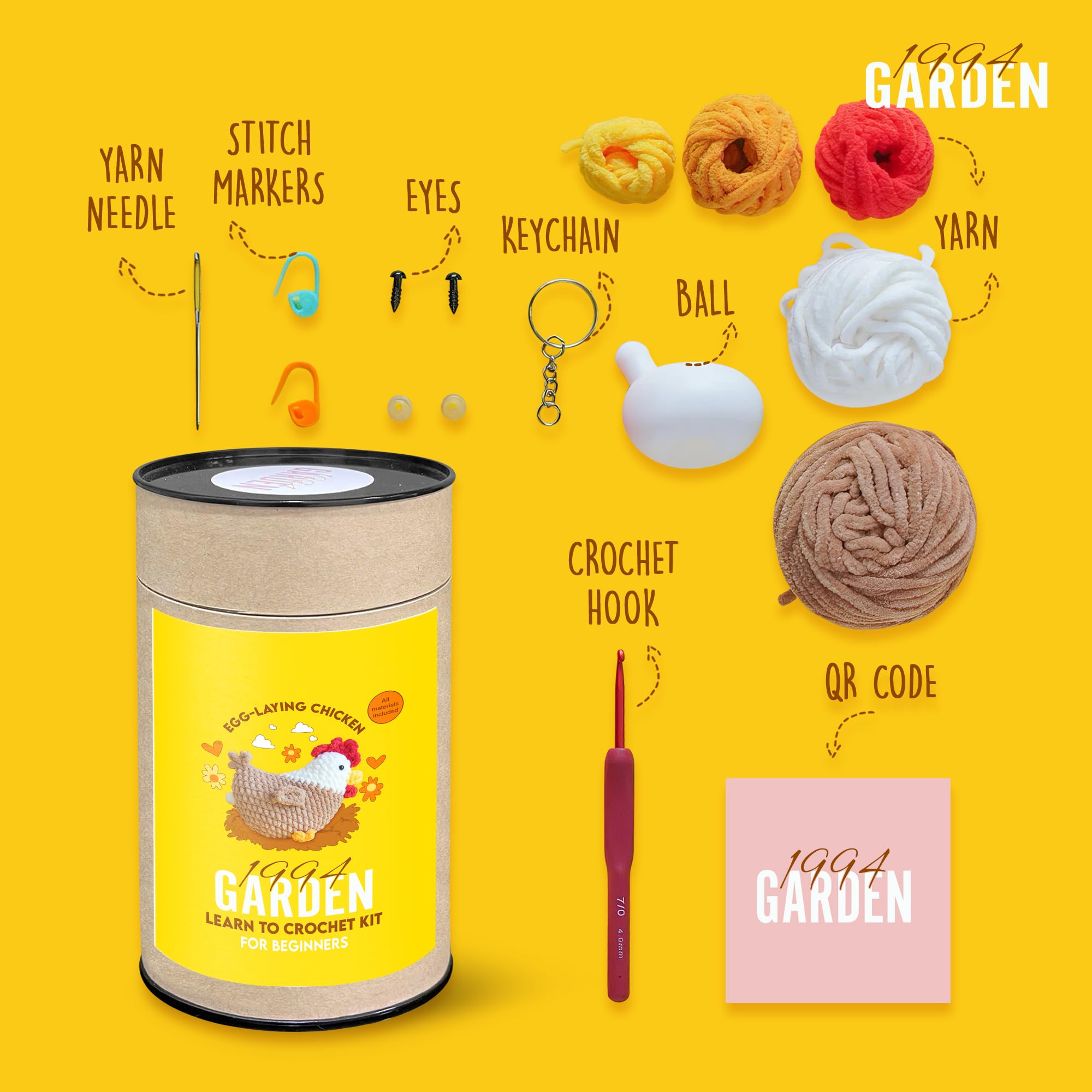 365CUSGIFTS Egg Laying Chicken Crochet Kit for Beginners – DIY Animal Set with Movable Joints; Step-by-Step Video Tutorials; Gift for Adults & Kids