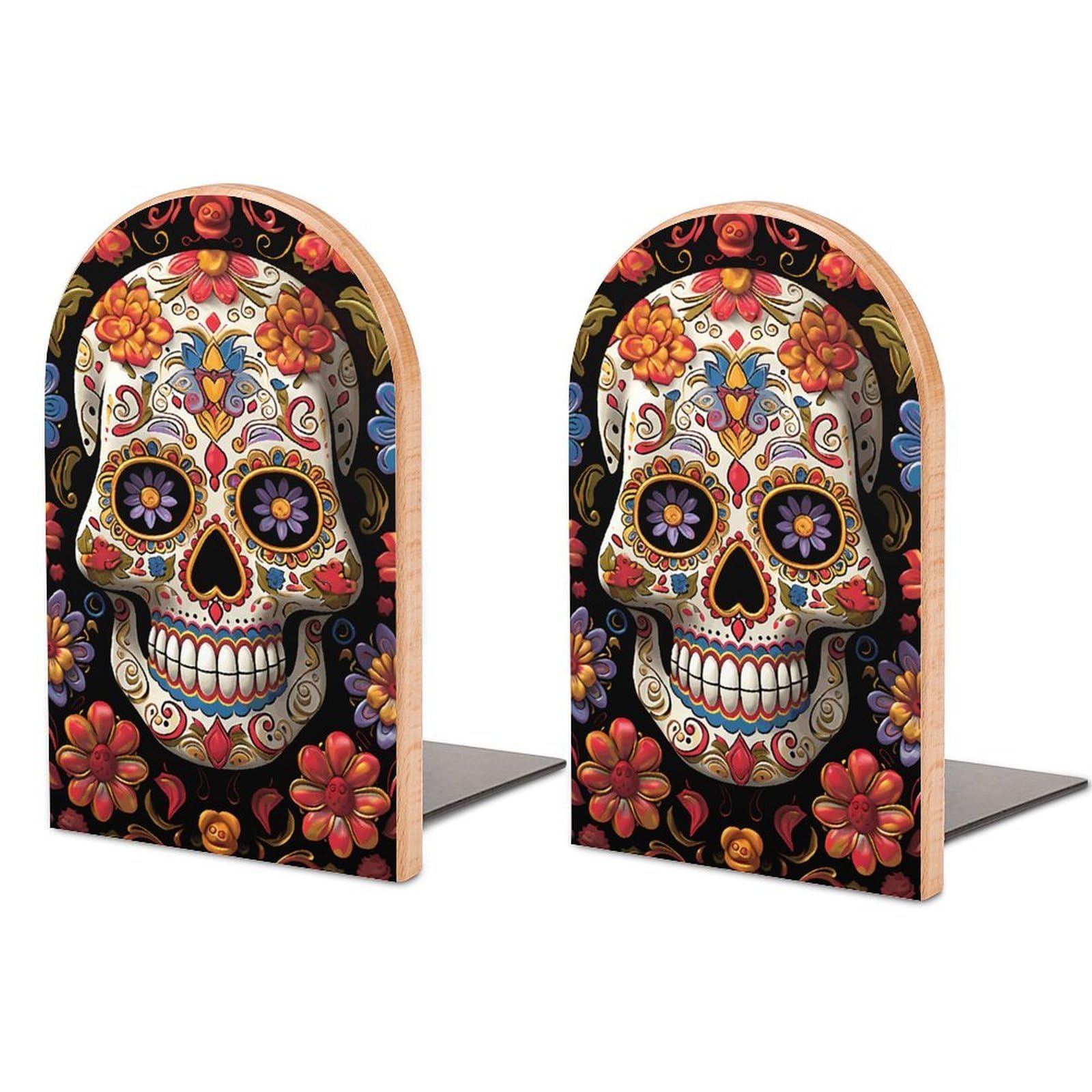 Beech Wood Book Ends Sugar Skulls Printed Bookend for Shelves Home Decorative Bookends for Heavy Books for Office Bookshelves