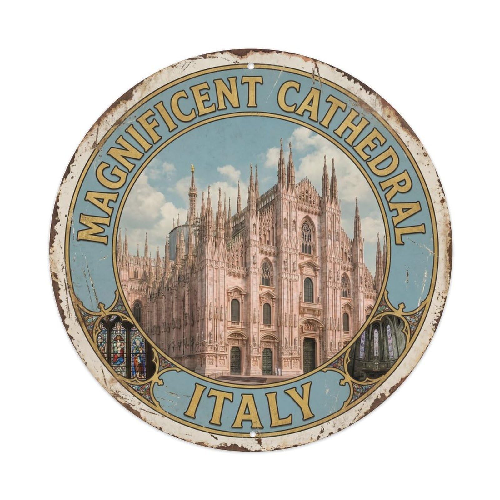 Vintage Travel Magnificent Cathedral Italy Metal Tin Sign Plaque Wall Decor for Cafe, Club, Garden Round Metal Poster 8x8Inch