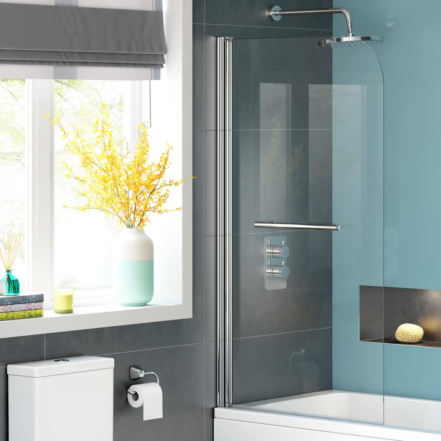 VeeBath RST035 - Pannello per vasca da bagno in vetro temperato con bordo curvo, 6 mm, cromato