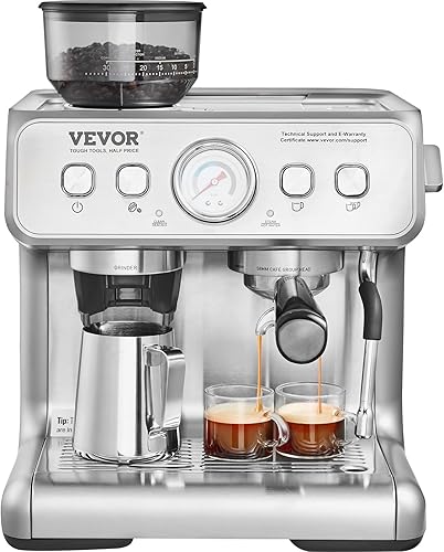 VEVOR Máquina de café expreso con molinillo, cafetera espresso semiautomática de 15 bar con espumador de leche, tanque de agua extraíble y manómetro