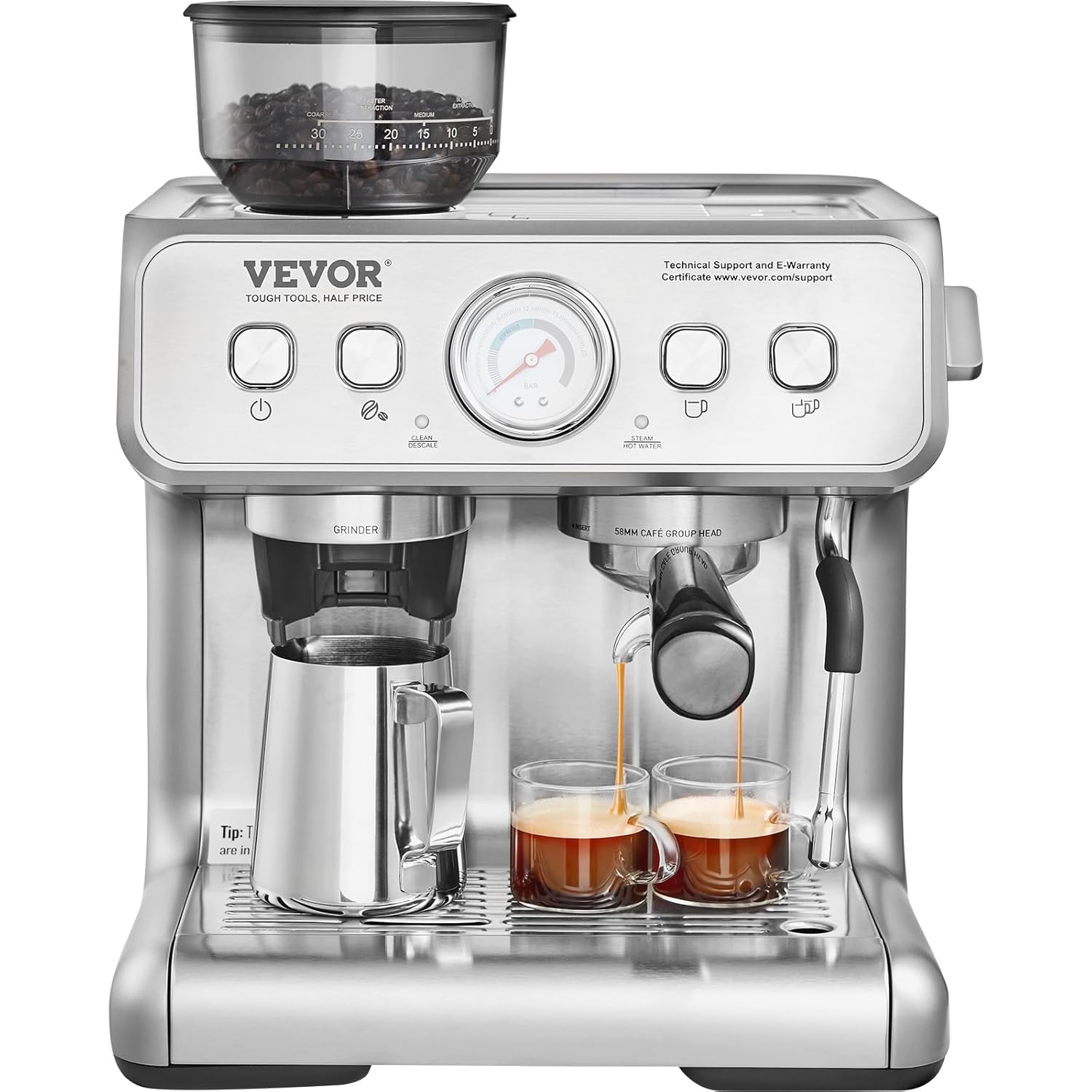 VEVOR Espresso Machine Built-in Grinder 15 Bar Semi-Automatic Espresso Coffee Maker with Milk Frother Steam Wand PID Control