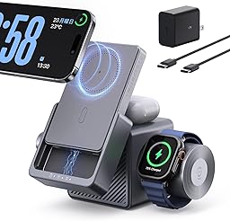 RORRY 3 in 1 Charging Station, for Magsafe Wireless Charger Stand with 5000mAh Power Bank for iPhone 17/16/15/14/13/12, for Apple Watch Ultra/11/10/9/8/7/6/5/4/SE, for AirPods, Metallic Grey