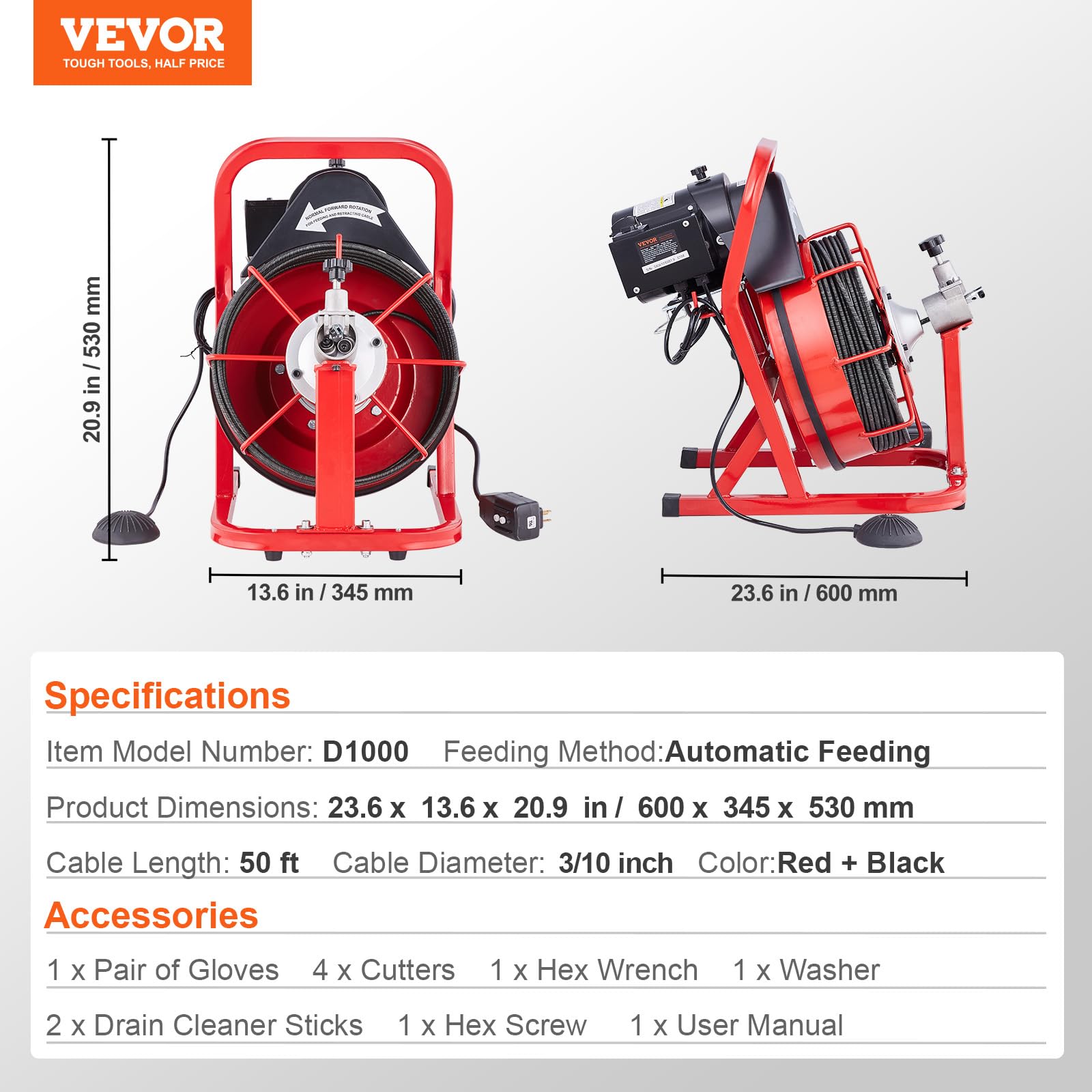 VEVOR Automático50FT 3/8IN 1700rpmAbierto Desbloqueador de Tuberías