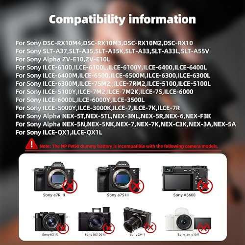 Miniatura 4 de F1TP Adaptador de fuente de alimentación AC PW20 NP-FW50 Kit de acoplador de batería ficticia para Sony ZV-E10, Alpha A6500 A6400 A6300 A6100 A6000