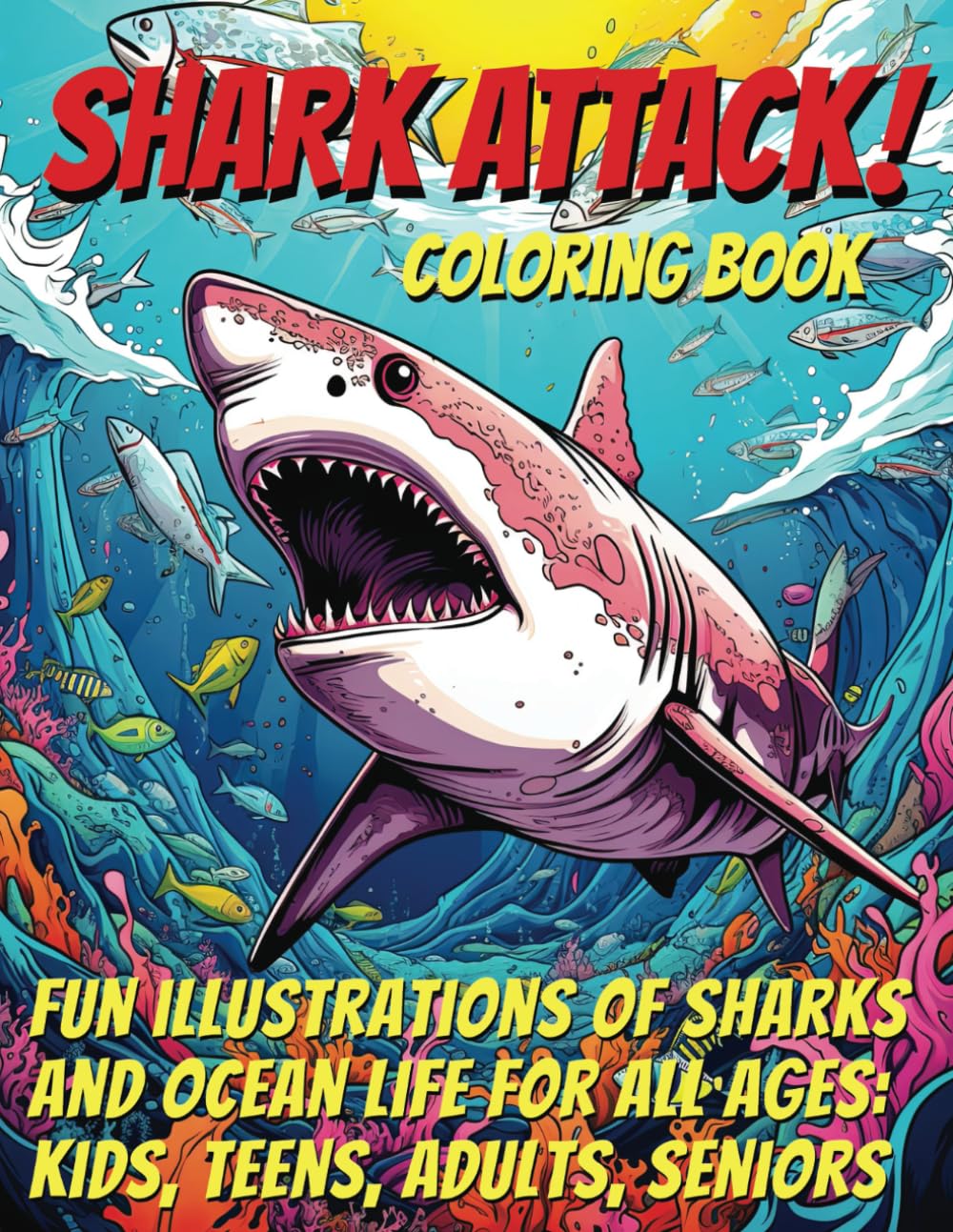 Shark Attack! Coloring Book | Fun Illustrations of Sharks and Ocean Life For All Ages: Kids, Teens, Adults, Seniors: Over 50 Unique Grayscale Sketches ... Activity Book That Makes A Great Gift!
