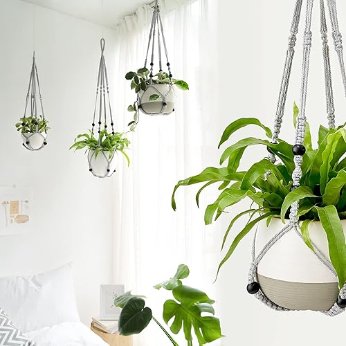 Miniatura 3 de Mkono Colgador de macramé para plantas de interior, cesta colgante con cuentas de madera, soporte decorativo para macetas, sin borlas, para