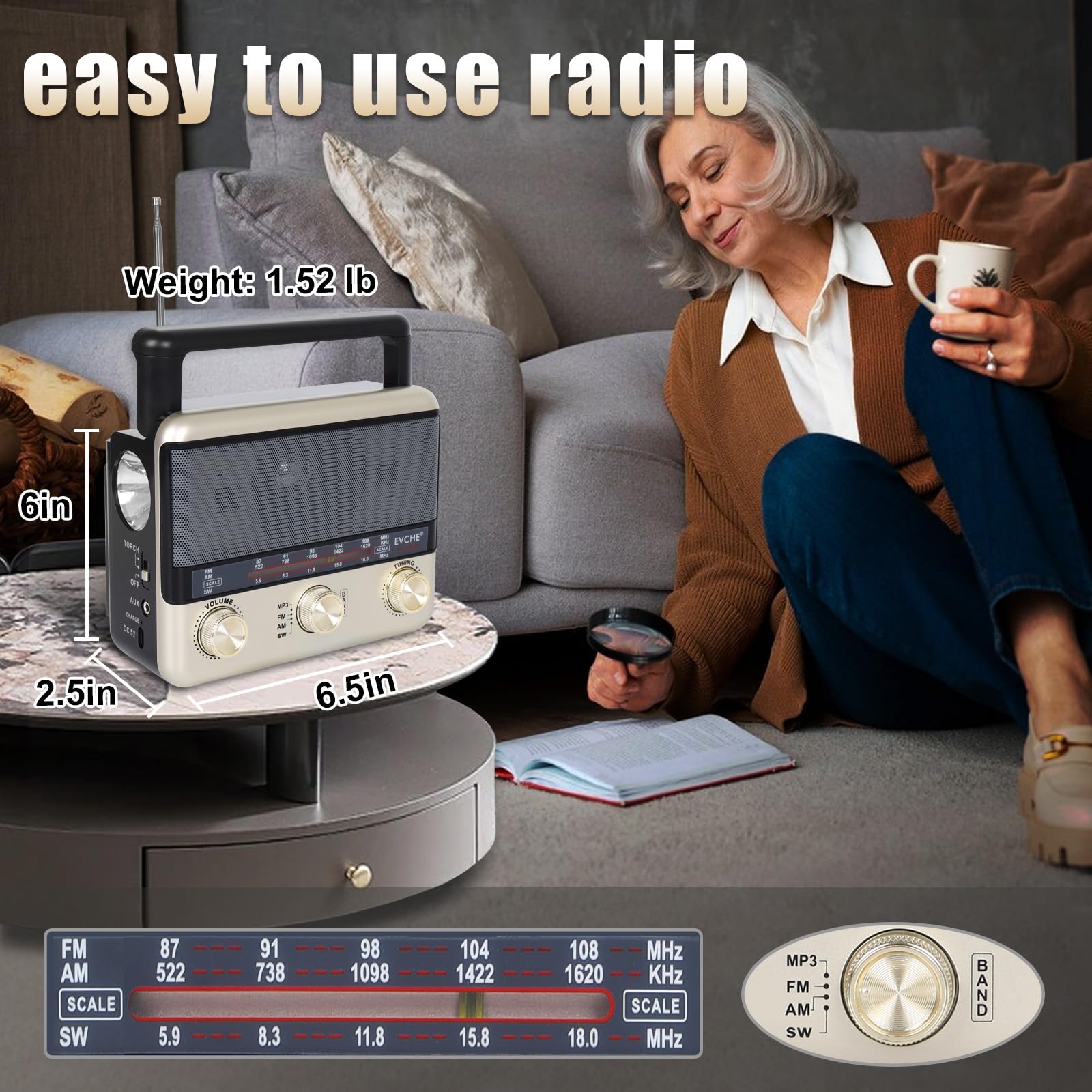Radio portátil retro AM FM SW radio de onda corta con altavoz Bluetooth, CA, solar, carga SUB, tarjeta TF, linterna de reproducción USB