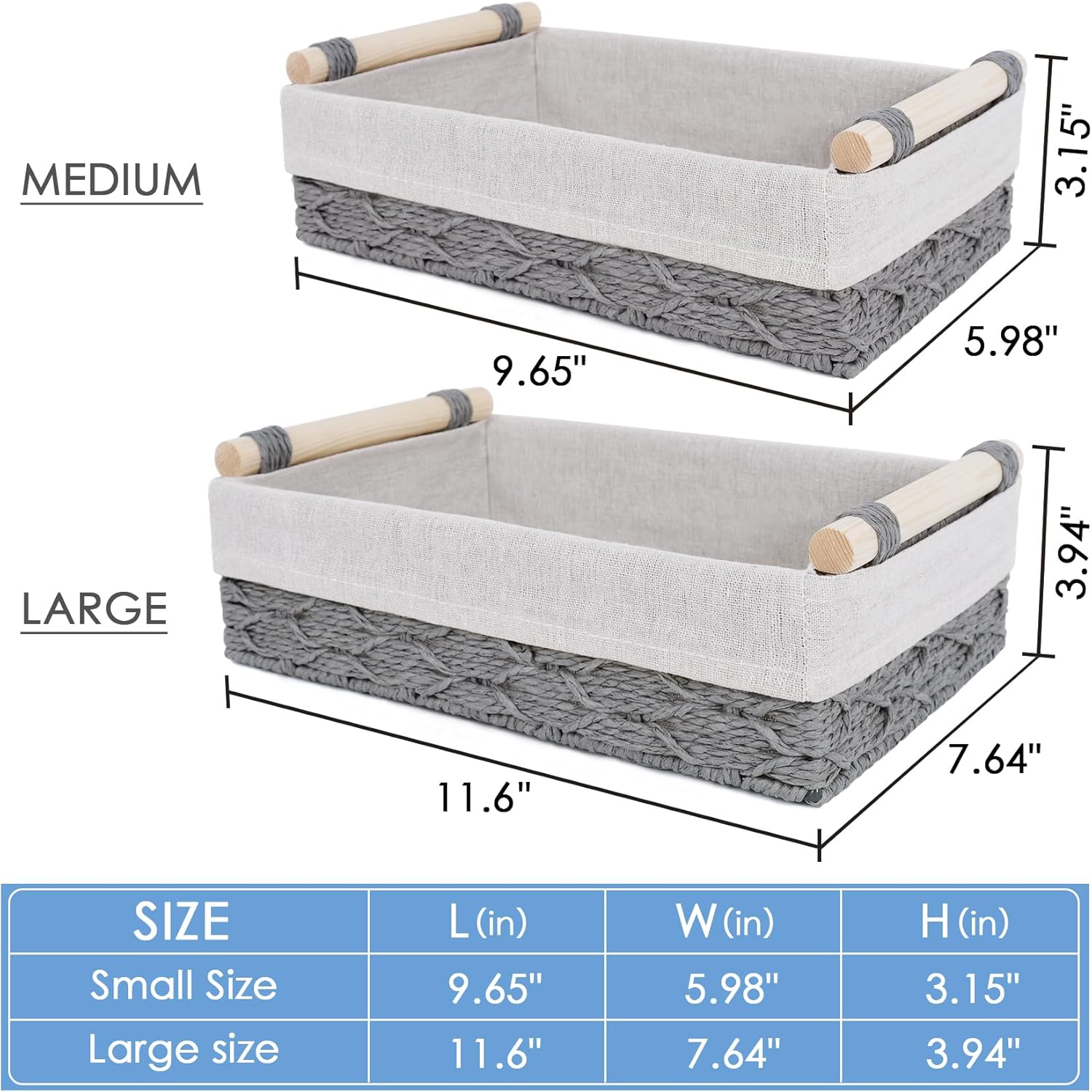 Wicker Storage Basket with Wooden Handle – Paper Rope Decorative Toilet Paper Baskets & Bathroom Organizer for Toilet Tank Top, Shelves, Bedroom, Countertop,Home,Office Storage Bins, 2 Pack,Grey