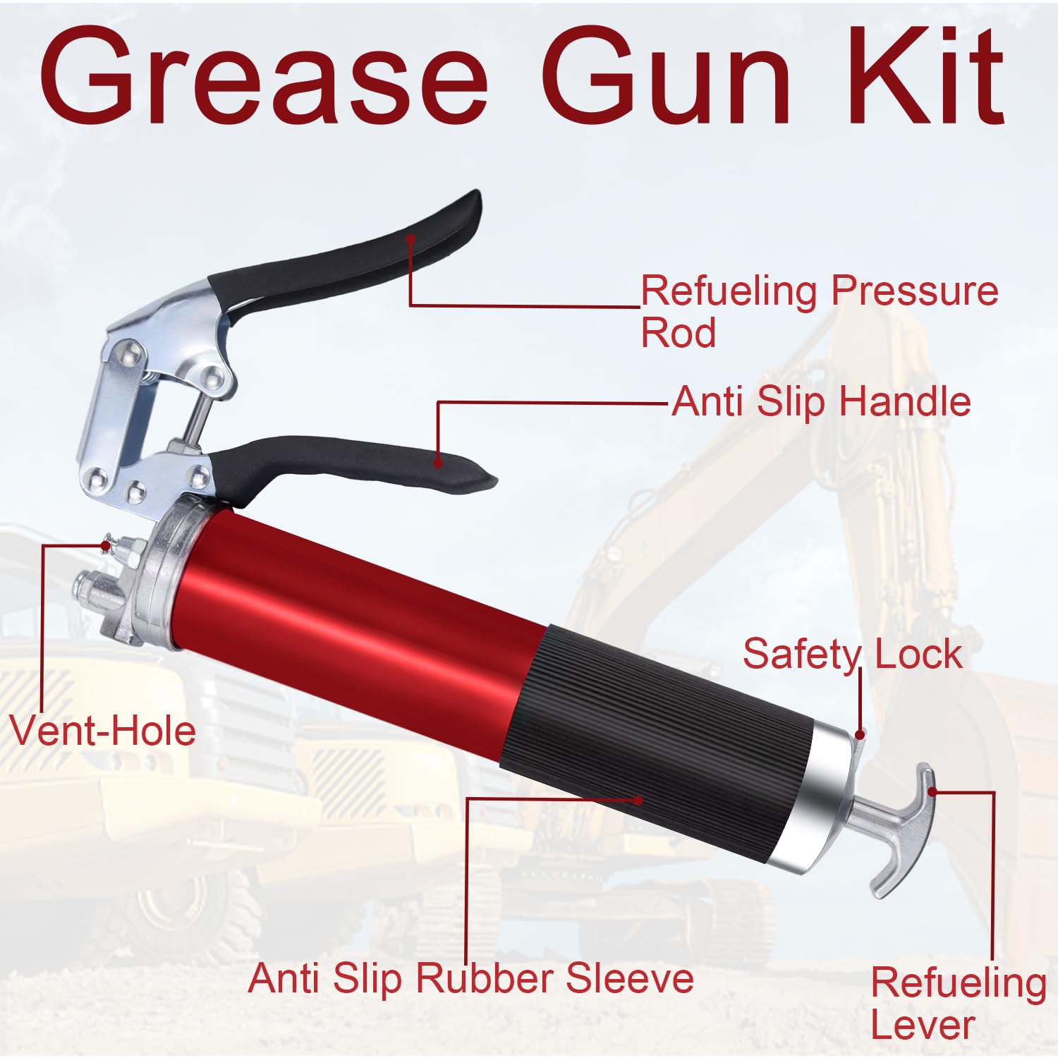 GIAK Ingrassatore Manuale Pompa ingrassatrice Pistola Ingrassatore 8000PSI Pistole per Grasso Professionale con Tubo Flessibile Tubo di Estensione in Metallo 6 Pollici,Ugello Appuntito (Rosso)