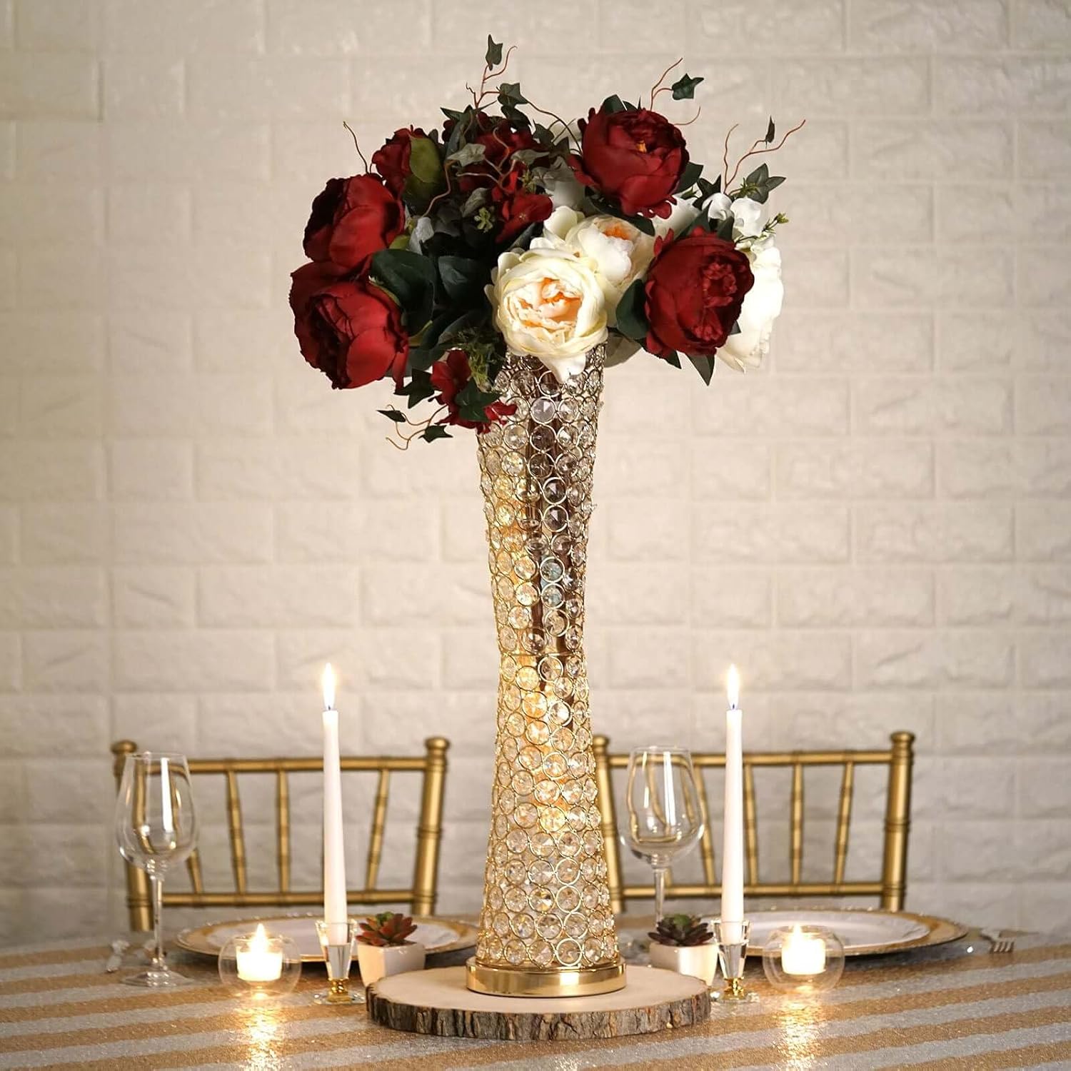 TABLECLOTHSFACTORY Gold 24" Tall Elegant Tall Hurricane Beaded Crystal Vase Wedding Centerpiece