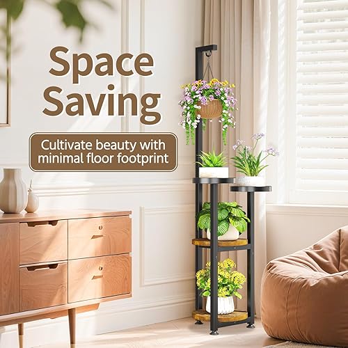 Miniatura 6 de LASZOLA Soporte para Plantas Alto de 4 Niveles Negro para Interiores con Anillo Colgante, Estante Vertical de Esquina de Metal Grande de Servicio