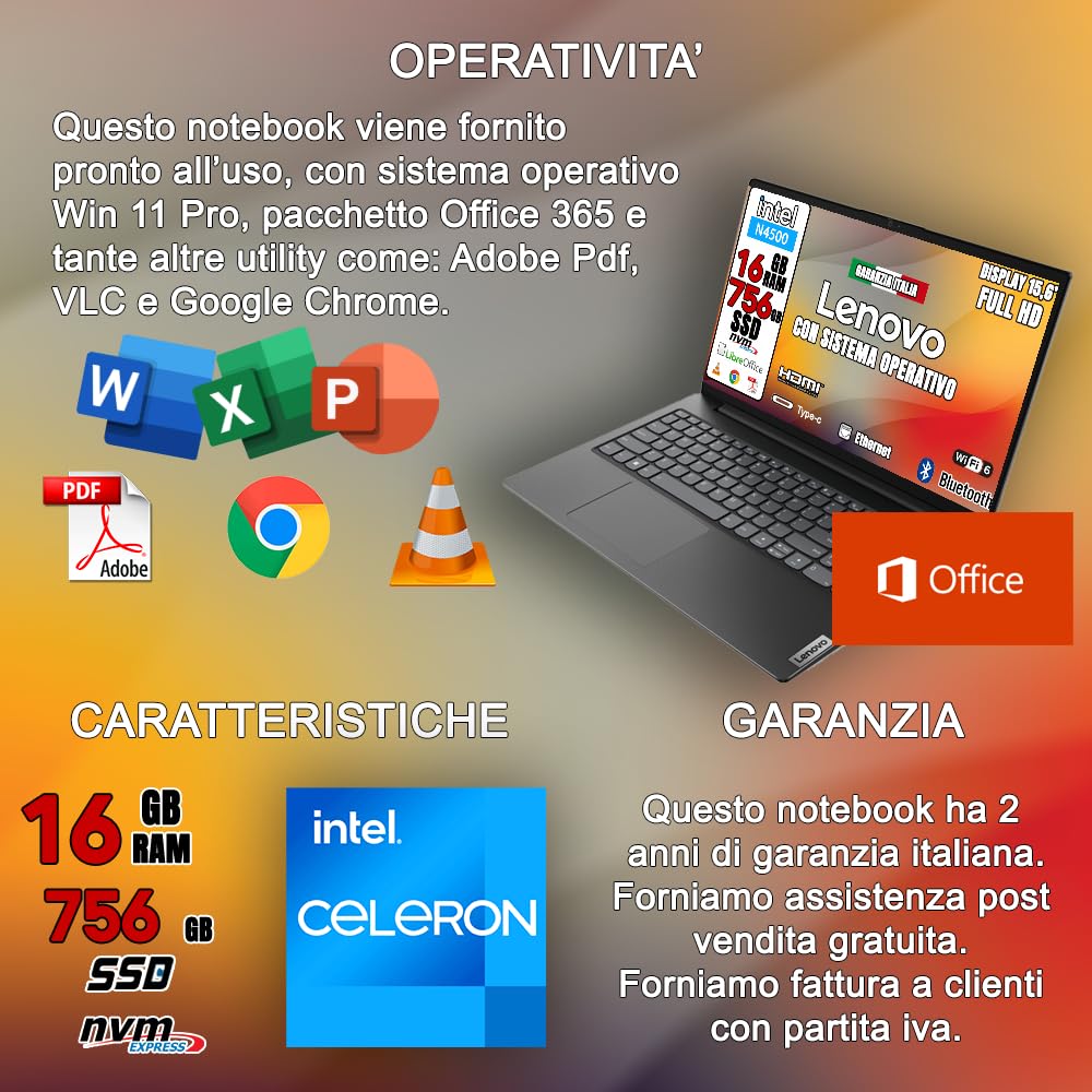 Lenovo Notebook nuovo • Ram 16gb • cpu Intel N4500 • Monitor 15.6" Full HD • ssd 756 (256SSD + 512HDD) • Ingresso lan, hdmi, USB • Sistema operativo win 11 PRO e Office 365• LETTORE DVD-RW ESTERNO