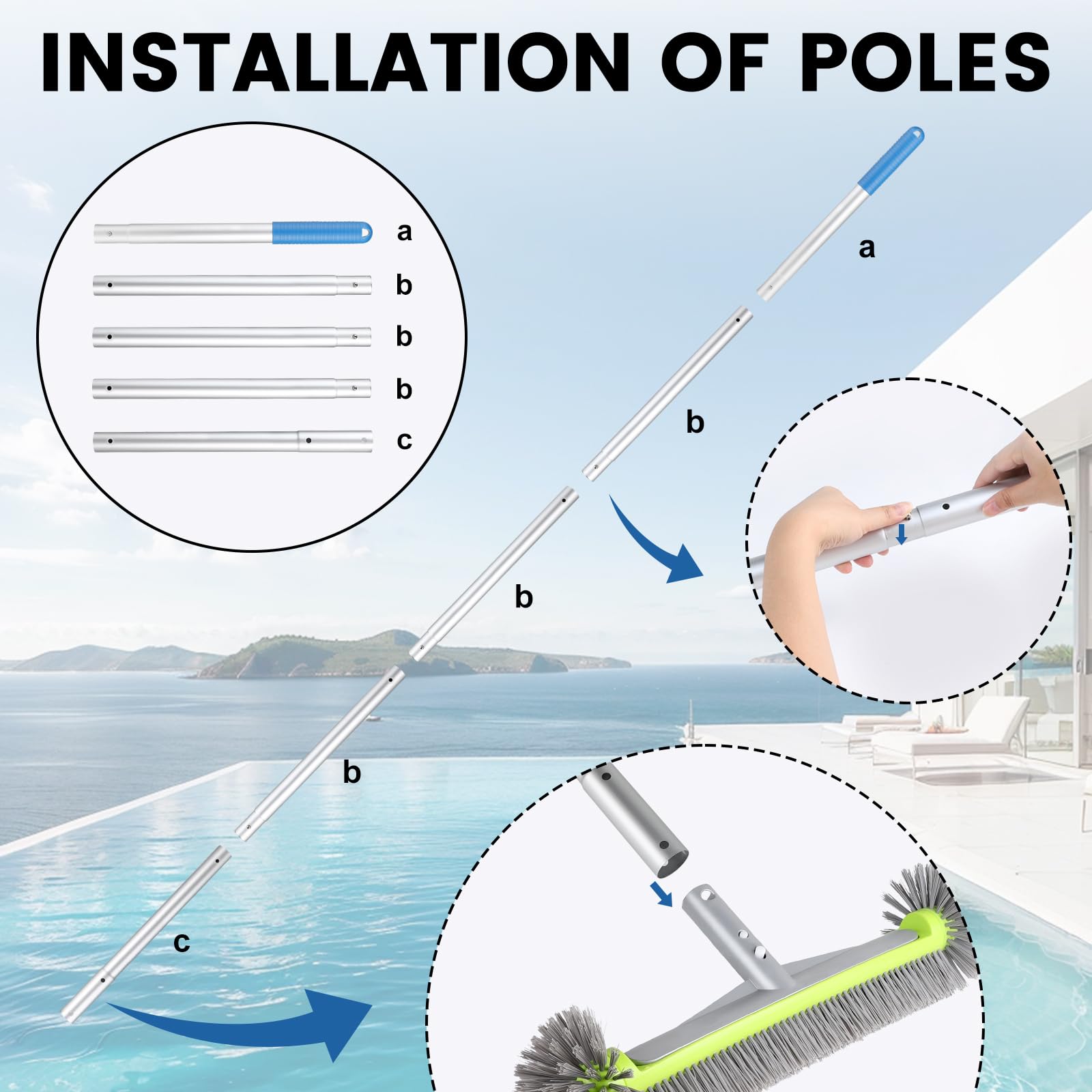 LALAGO Brosse Piscine Ronde, Tête de Brosse de Piscine avec Perche Amovible, avec Les Poils Hémisphériques, Brosses à Récurer pour Mur et Carrelage, Brosses pour Salles (avec Perche)