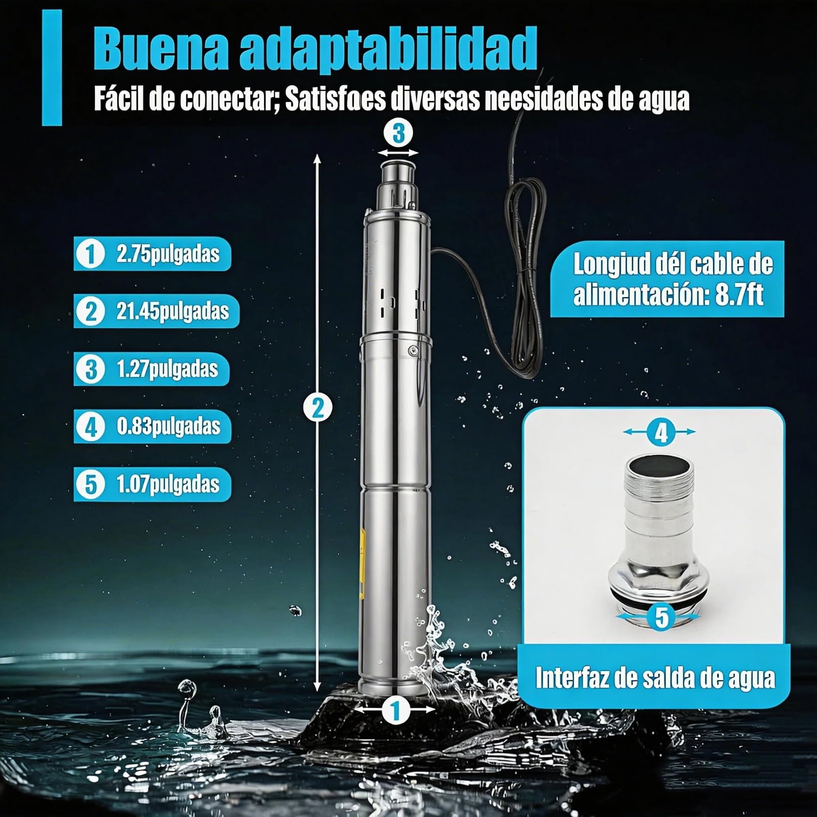 Bomba para pozos profundos, 370 W, Bombas de Agua Sumergibles para Pozo, acero inoxidable, 24 V, 2860 r/min, caudal de 5,9 pies ³/h Max Lift 65 m