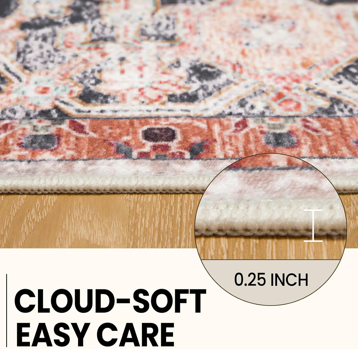 Washable 4x6 Area Rugs, Rugs for Living Room, Low-Pile Water&Stain Resistant Carpet Vintage Distressed Printed Non-Slip Carpet for Bedroom Bathroom Kitchen-Dark Red