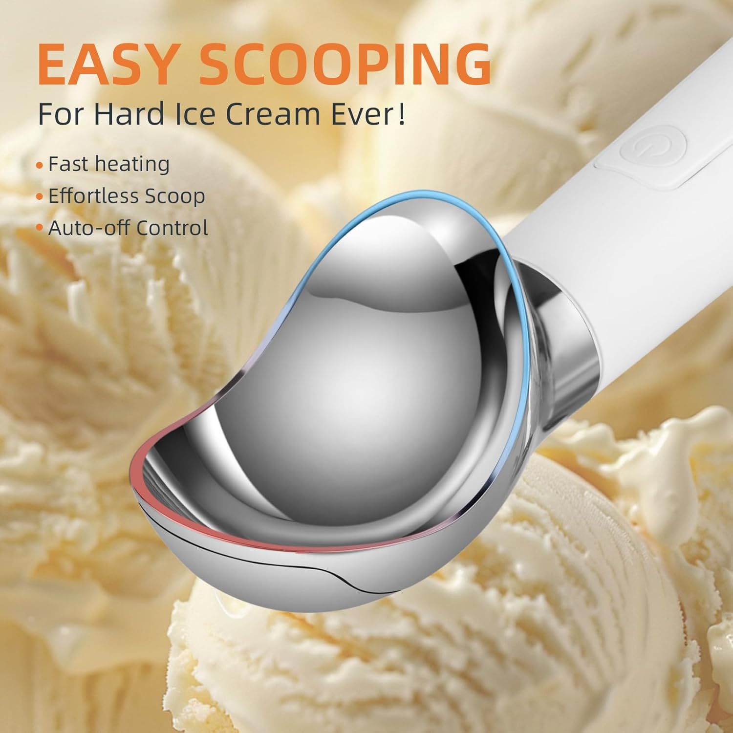 Heated Ice Cream Scoop, Rechargable with Adjust Heat, LED Display, 3400mAh, IPX67 Waterproof & Fast Heating, Easy Scooping for Hard Ice Cream