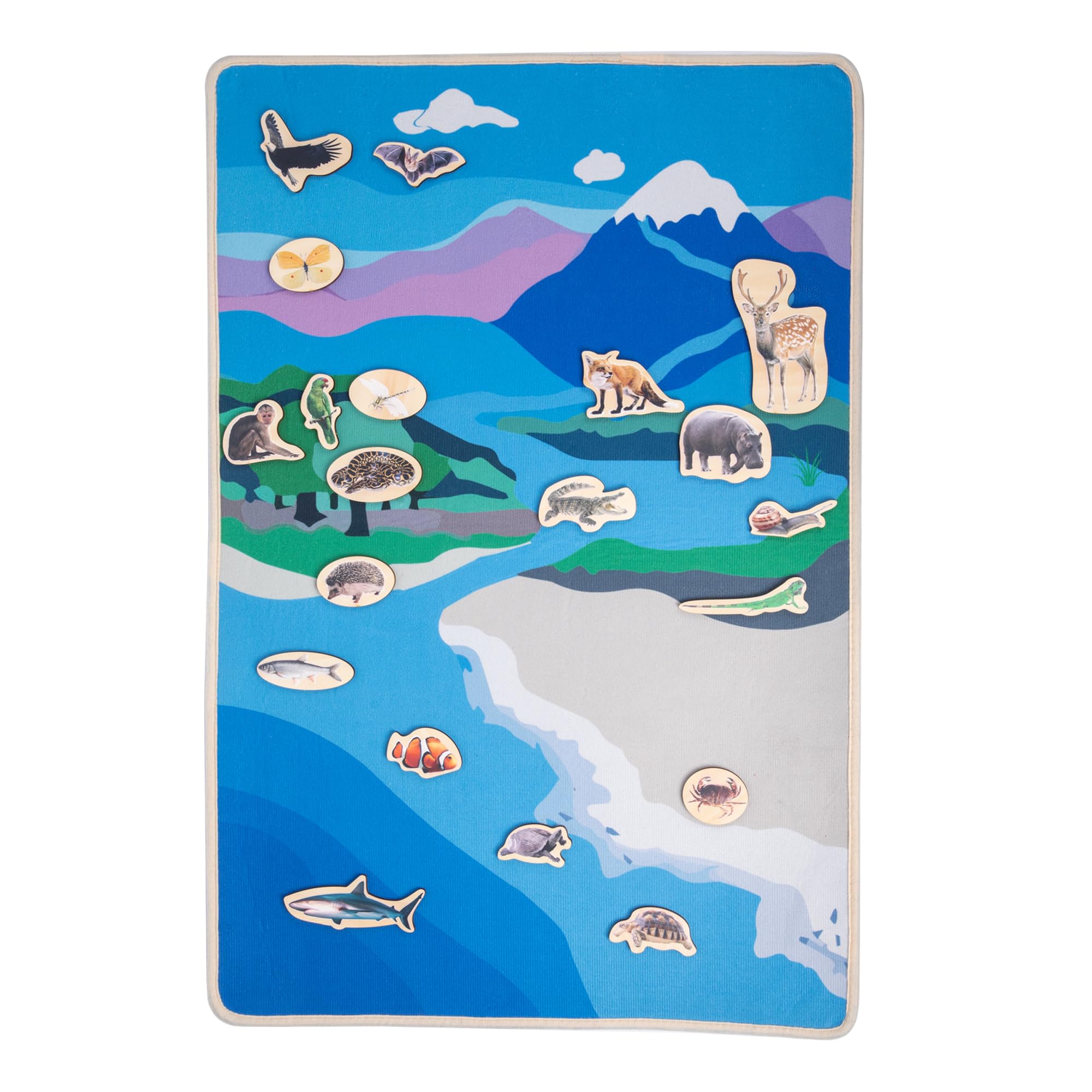 Montessori Land and Water Map with 25 Wooden Animals - Learning Geography and Zoology Mat Educational Toys for Kids,Interactive Learning Tool,World Map for Kids,Montessori Map for Kids 4-8 Years