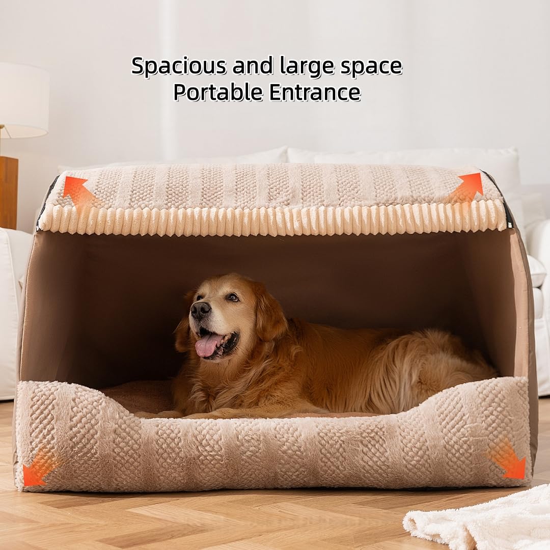 Extra große Hundehütte für den Innenbereich, Memory-Schwamm, gemütliches Hundebett, Haustierschlafhaus, Hundehöhle für Hunde, Katzen (Khaki, XL)