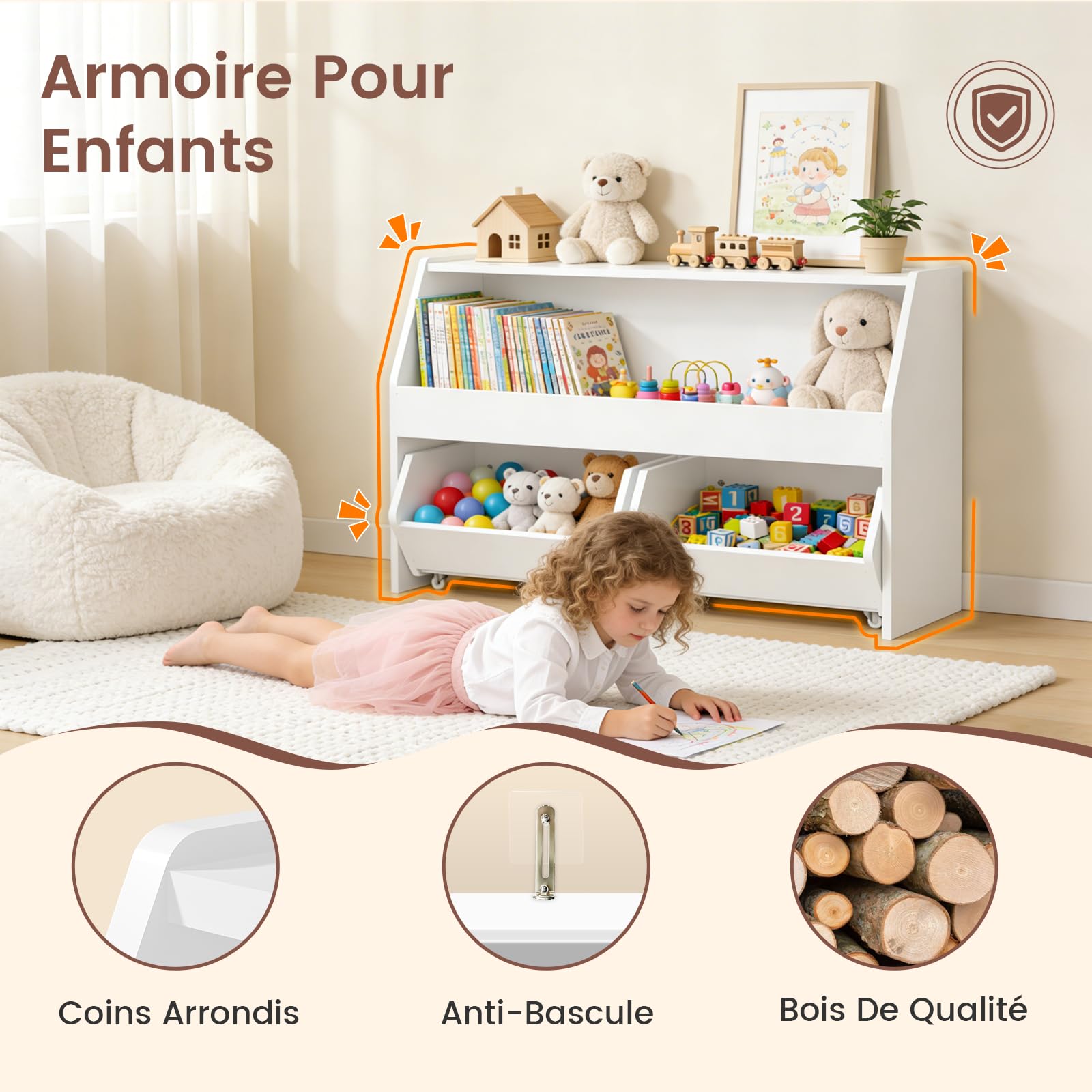 Meuble Rangement Enfant, Rangement Jouet Enfant Étagère avec 2 Tiroirs Roulants, Bois Meuble Rangement Jouet avec Crochet, pour Chambre Enfant/Salle de Jeu -Blanc 91x30 x60 cm