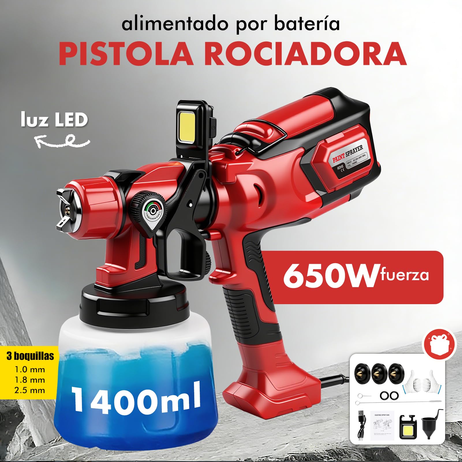Pistola Pintura Electrica, 650W 1400ml Pulverizador De Pintura Profesional Electrico con 3 Boquillas Y 3 Patrones, Hvlp Pistola para Pintar Paredes Y Techos con Flujo Y Ancho De Rociado Ajustables