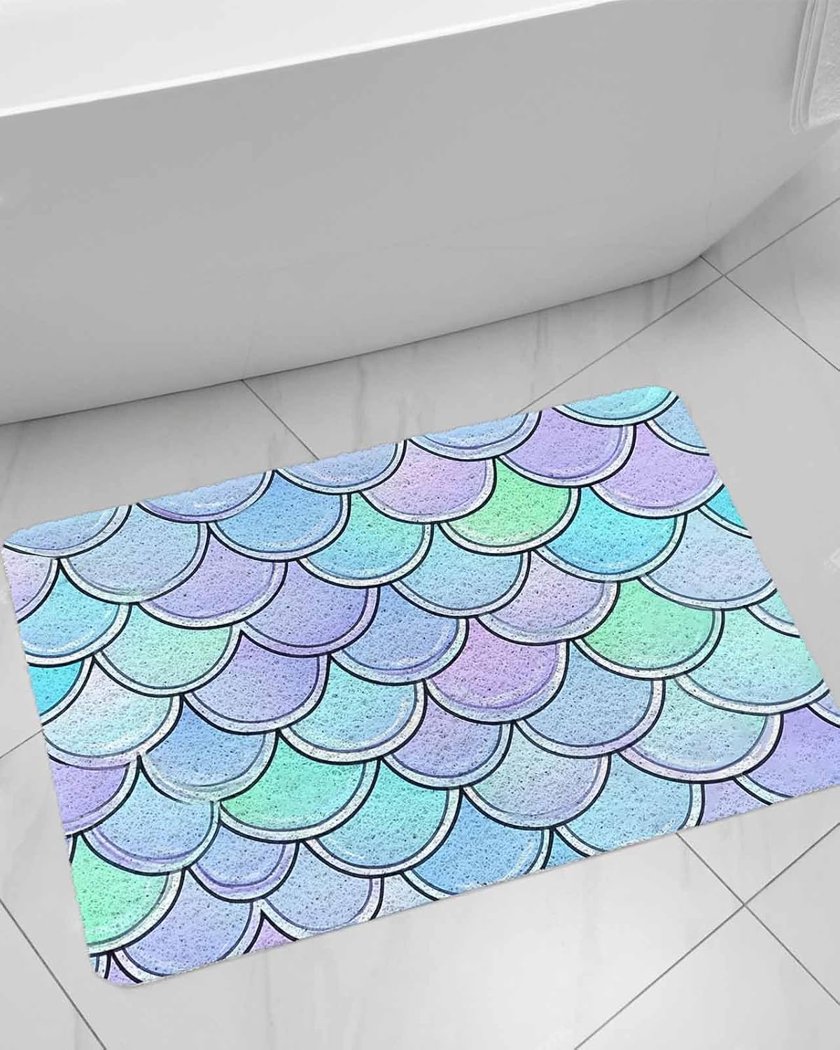 Colorful Scales Non-Slip Bathtub Mat, Blue Green Teal Fish Scales Ocean PVC Bath Mat for Tub Quick Drying Shower Mats for Inside Shower, Foot Scrubber Loofah Bathroom Mats 24x16 Inches