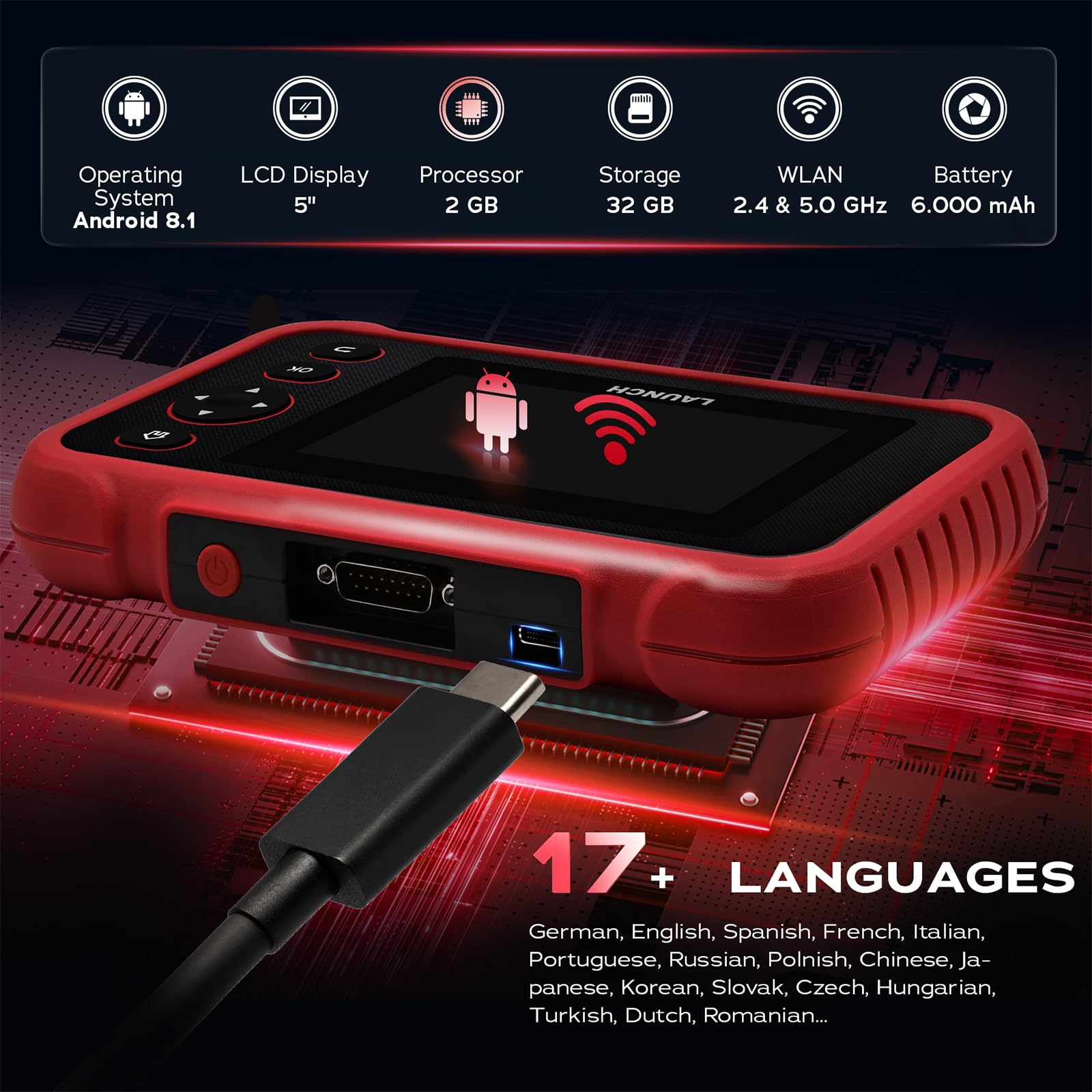 Launch Europe CRP 129 EVO+ V3 OBD2 urządzenie diagnostyczne do samochodu, 4 systemy silnika/ABS/SRS/skrzynia biegów, 13 funkcji serwisowych, ekran dotykowy, Android, WLAN 2.4 i 5 GHz, CAN FD i DoIP