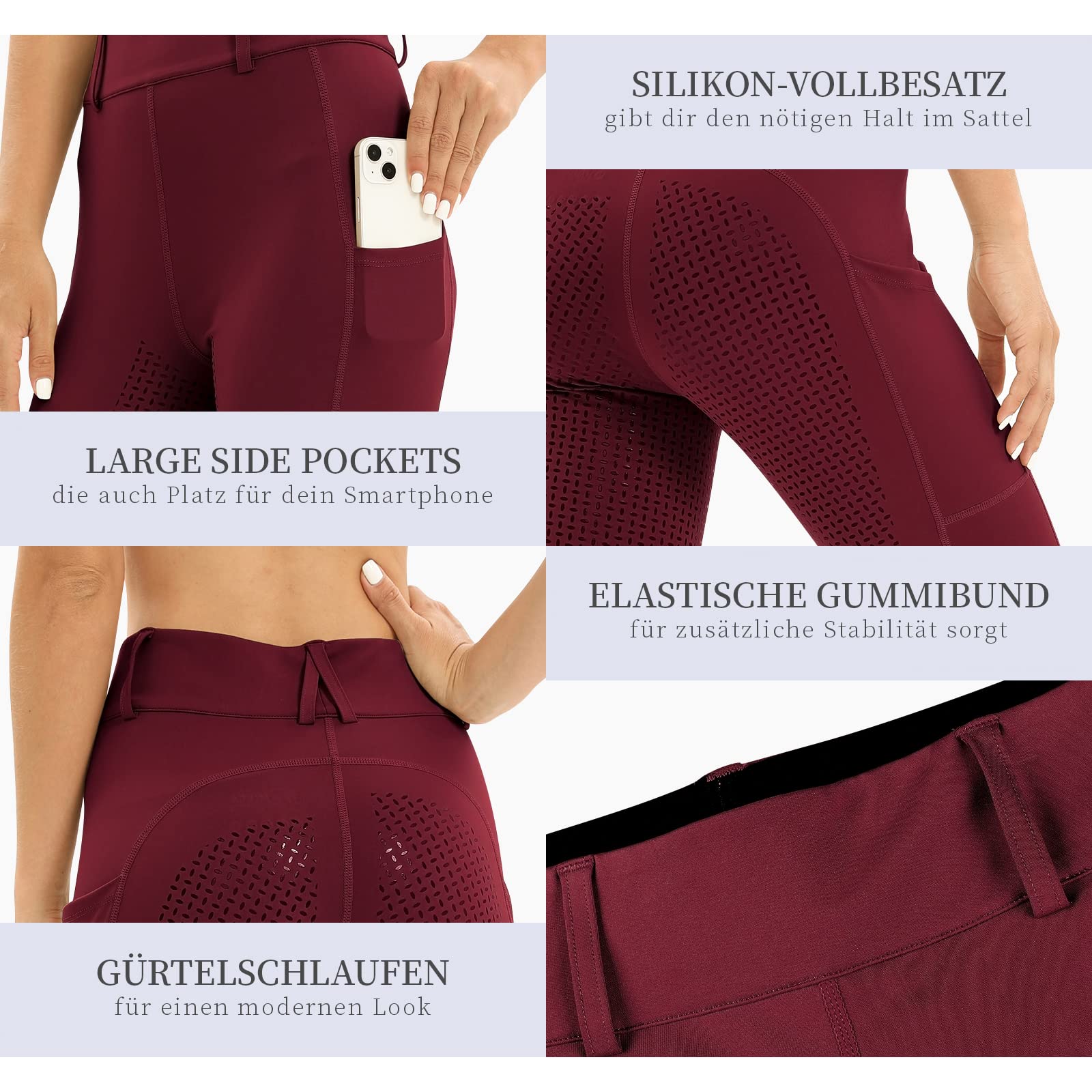 Legging d'équitation pour femme avec poche pour téléphone portable, taille haute, stretch, avec passants de ceinture