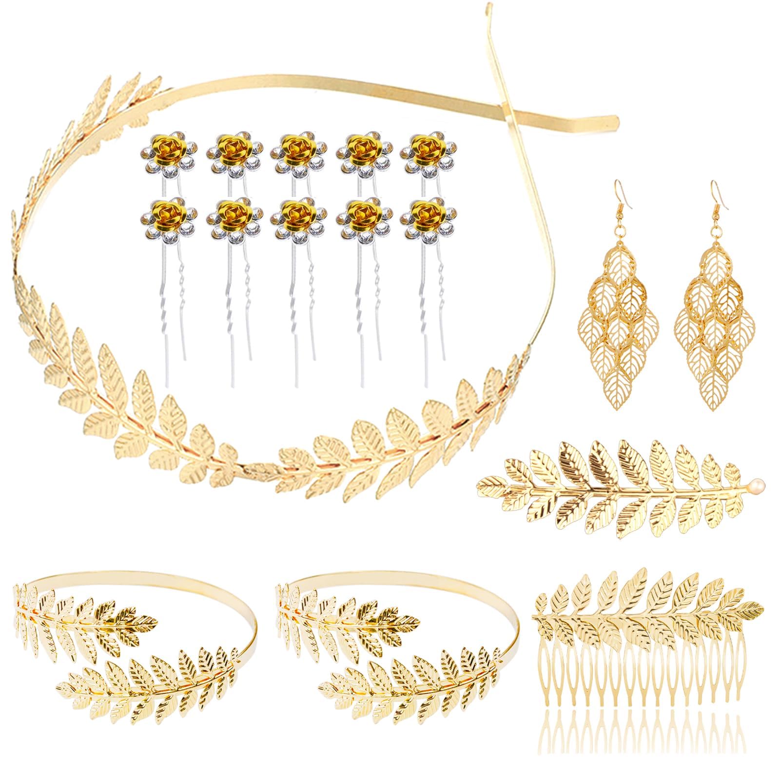 Greek Goddess Costume Accessories 17 Pieces Leaf Headband Earrings Bracelets Grecian Goddess Costume Accessories Set - Golden Leaf  main image 3
