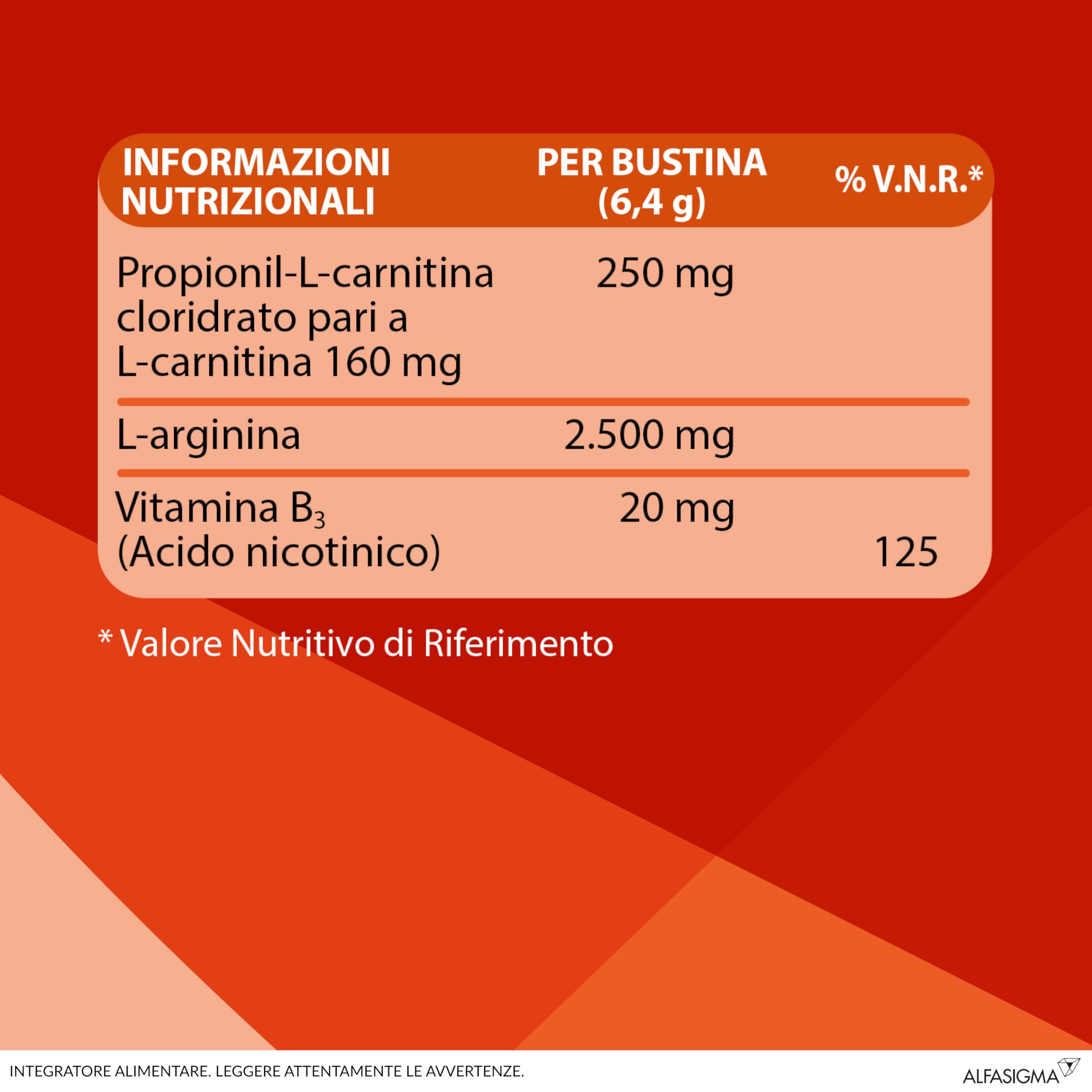 Integratore Alimentare a base di L-Arginina, Propionil-L-Carnitina e Vitamina B3 - Senza conservanti, con edulcoranti, con fruttosio - 20 bustine